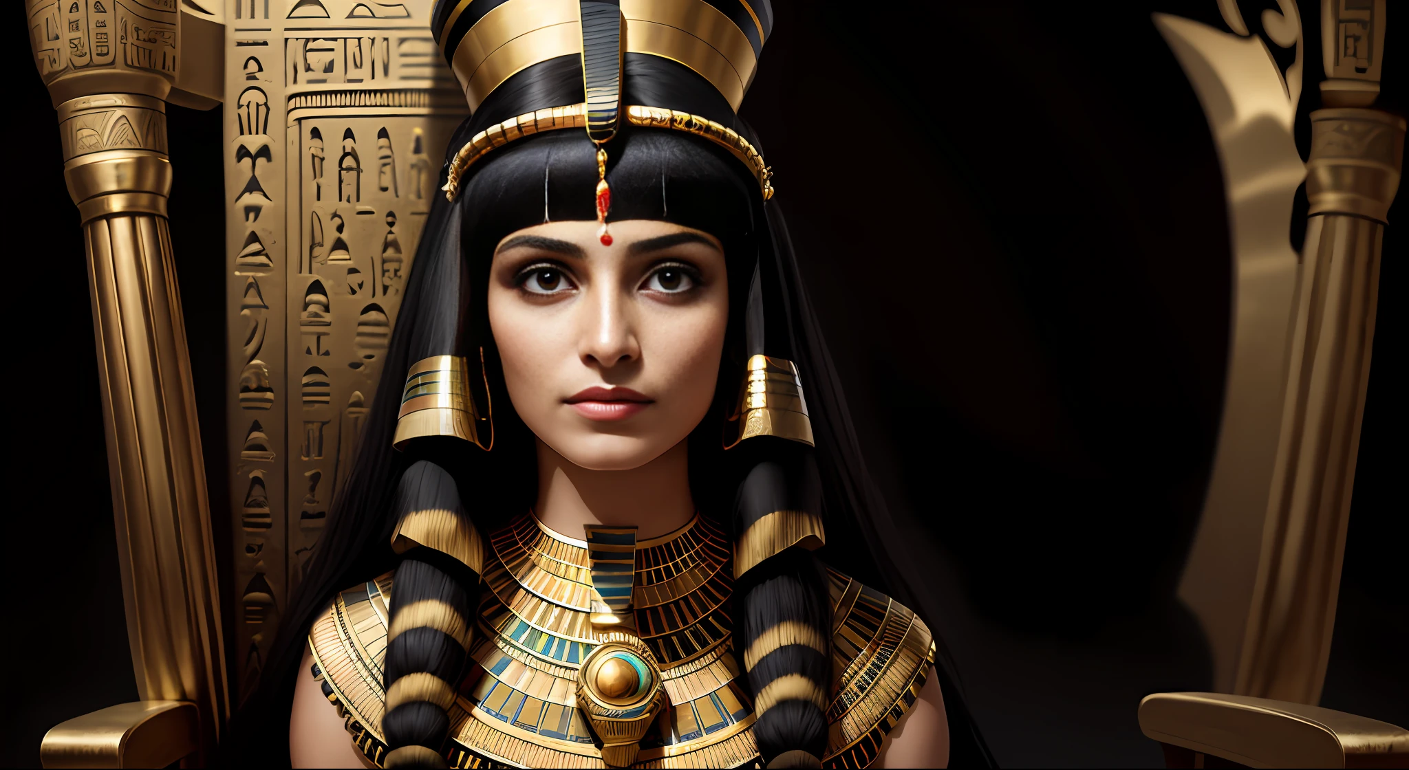 portrait photography, cleopatra,beautiful looking out of camera with(egyptian dress), super realistic face, eyes visible through hair, proper eye position, natural skin, soft light, rim light, body,sitting on a throne,(full body), sexy,on a hill, detailed background, intricate, high detail, octane render, HD, 8k, by Annie Leibovitz, 120mm