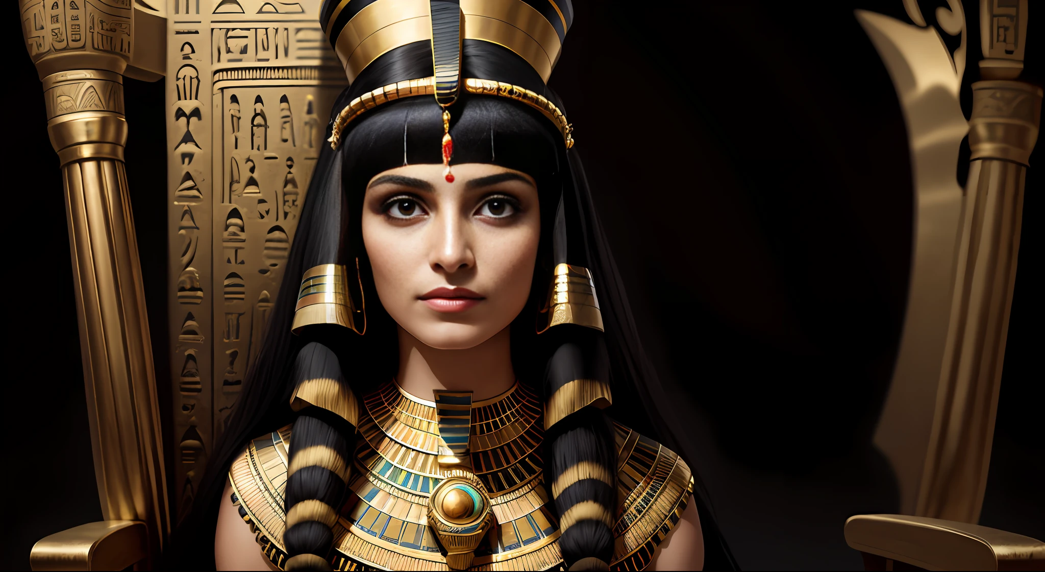 portrait photography, cleopatra,beautiful looking out of camera with(egyptian dress), super realistic face, eyes visible through hair, proper eye position, natural skin, soft light, rim light, body,sitting on a throne,(full body), sexy,on a hill, detailed background, intricate, high detail, octane render, HD, 8k, by Annie Leibovitz, 120mm