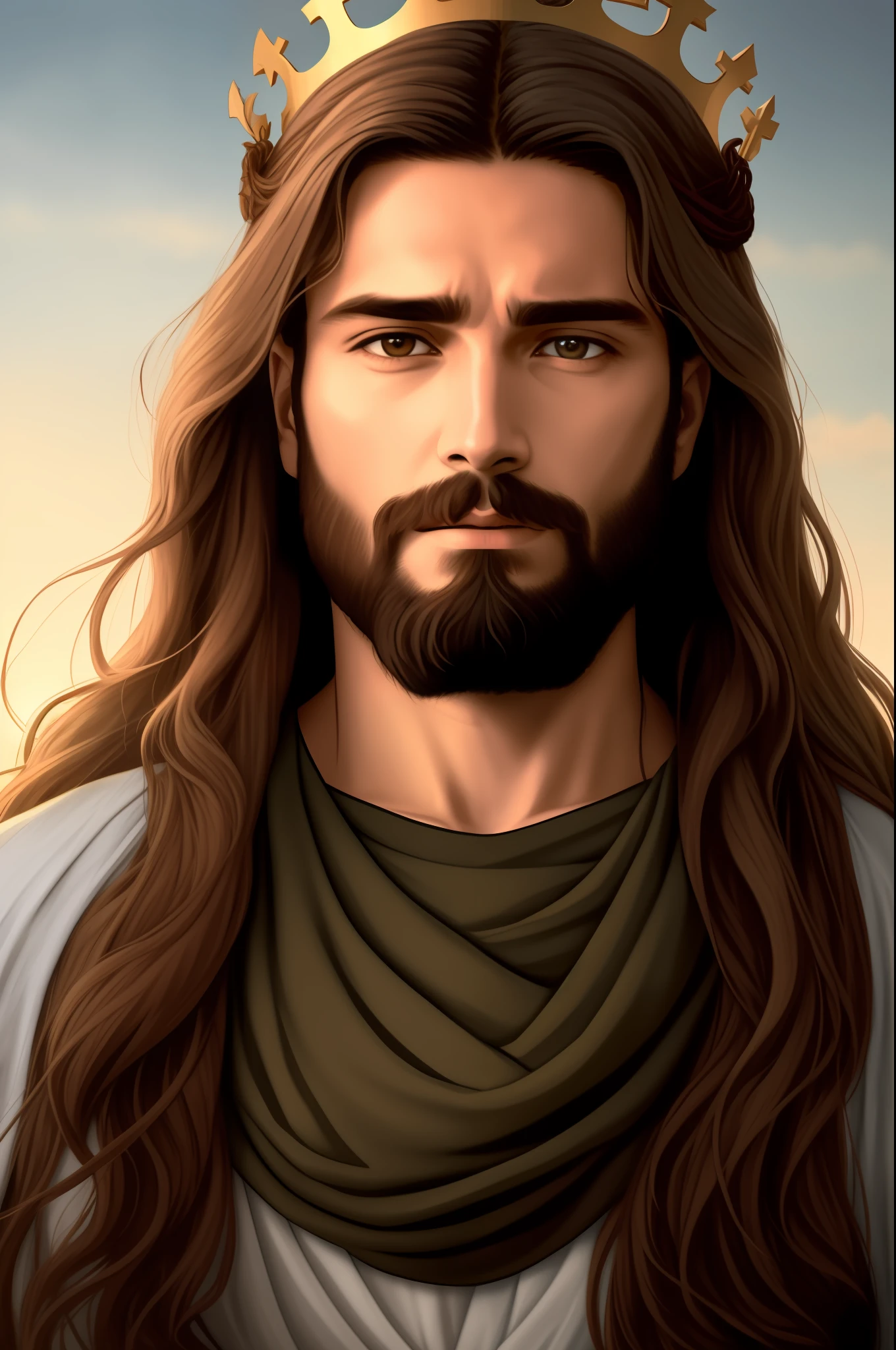 "Please create a realistic portrait of Jesus, representing him as a simple and humble man. Highlight the calm and compassionate expression on your face, with serene eyes and a soft smile. Be sure to faithfully portray Jesus' signature facial features, such as his beard and long hair. Add a crown of thorns on your head, emphasizing the painful aspect, but without exaggerating the violence. Use soft lighting to emphasize the aura of kindness and peace around it. The main focus should be to convey the message of love and compassion that Jesus represents. Please avoid any offensive or disrespectful depictions. The goal is to create a reverent and inspiring image that captures the essence of Jesus as a simple man and the Savior of mankind."