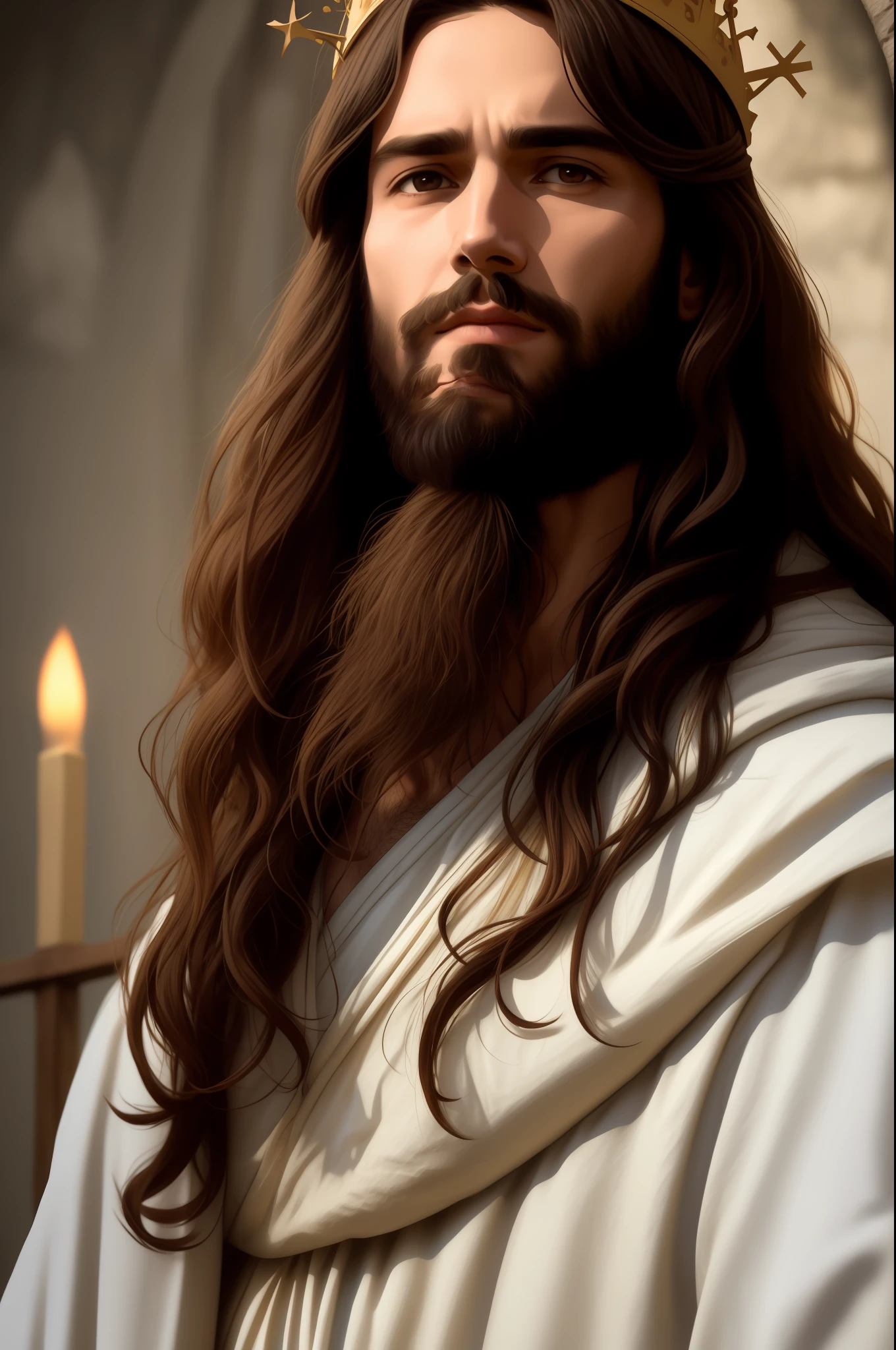 "Please create a realistic portrait of Jesus, representing him as a simple and humble man. Highlight the calm and compassionate expression on your face, with serene eyes and a soft smile. Be sure to faithfully portray Jesus' signature facial features, such as his beard and long hair. Add a crown of thorns on your head, emphasizing the painful aspect, but without exaggerating the violence. Use soft lighting to emphasize the aura of kindness and peace around it. The main focus should be to convey the message of love and compassion that Jesus represents. Please avoid any offensive or disrespectful depictions. The goal is to create a reverent and inspiring image that captures the essence of Jesus as a simple man and the Savior of mankind."