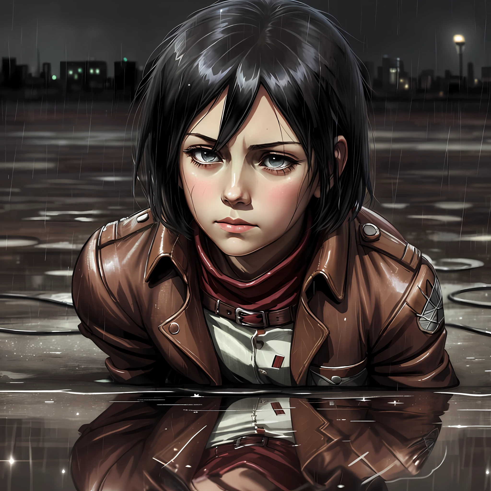 Girl with head tilted to the ground, sad, rainy weather, reflection of the city lights reflecting off the wet parts, mikasa