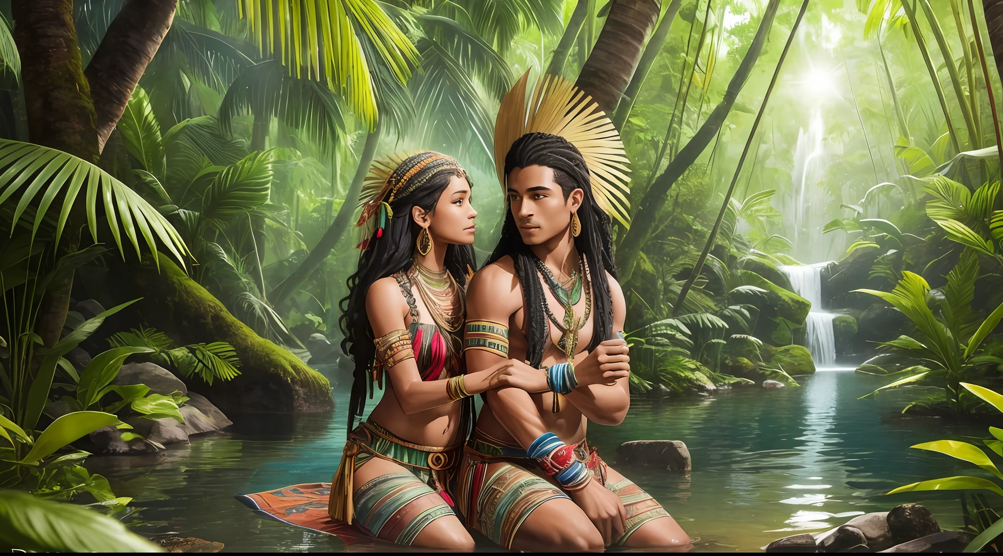 maging a couple: David, a man, and Sumá, a woman, imagine a magical, exuberant setting, where the vibrant colors of the Amazon rainforest come to life. Amidst the exotic vegetation comes Davi, a young adventurer with deep, curious eyes that reflect the purity of his soul. His dark hair falls in unruly curls, reminiscent of the silvery serpents of the Amazon River.
Beside David is Sumá, an indigenous girl with a free spirit and unshakable determination. Her black hair cascades down, entwined with delicate tropical flowers, symbolizing her intimate connection with nature. Her eyes shine with ancient wisdom and a mixture of sweetness and courage.
Both are wearing clothes made of natural fibers and adornments that reflect the cultural diversity of the Amazon. David carries an ancient map that bears the marks of his many adventures, while Sumá holds a bamboo flute that echoes soft, mysterious melodies.
As they advance through the forest, their footprints leave traces of hope and love, and their hands join together in a gesture of commitment and protection of the environment. They are guardians of the Amazon, fearless souls who understand the importance of preserving and honoring the natural wealth that surrounds them.
This is the image of the couple, Davi and Sumá, a representation of youth, adventure, love, and respect for the Amazon forest. May this image inspire others to care for and appreciate the beauty of this unique and precious ecosystem.
Translated with www.DeepL.com/Translator (free version) Surrealism, high detail, cinematic lighting, drop shadow, lens flare, Sony FE GM, f/1.8, 85mm, from below, vanishing point, 16k, award winning, best quality, high details --auto --s2