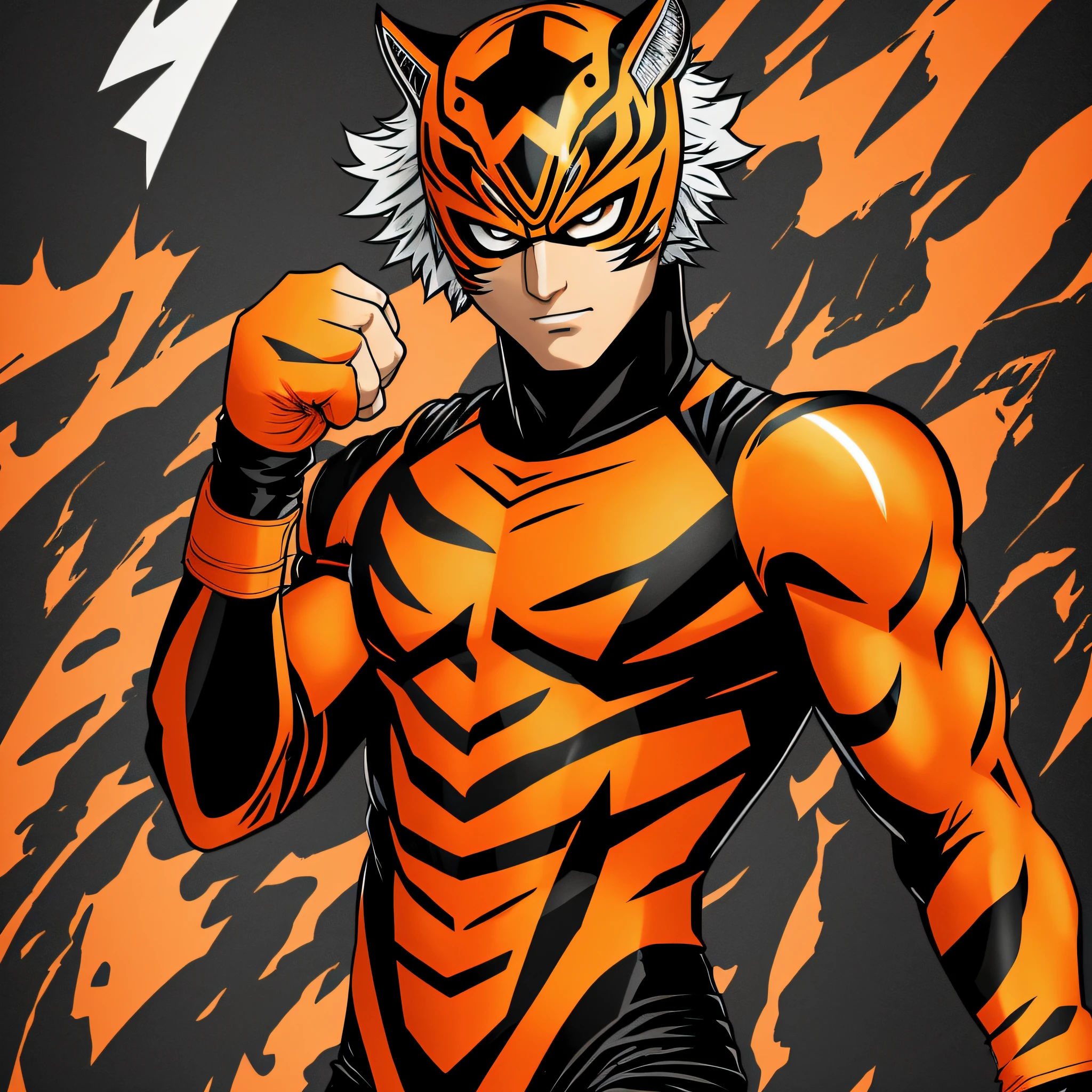 24 year old, handsome, muscular young man, with an orange and black long-sleeved bodysuit, tiger mask, orange and black headdress with cat ear, One Punch Man art style --auto --s2