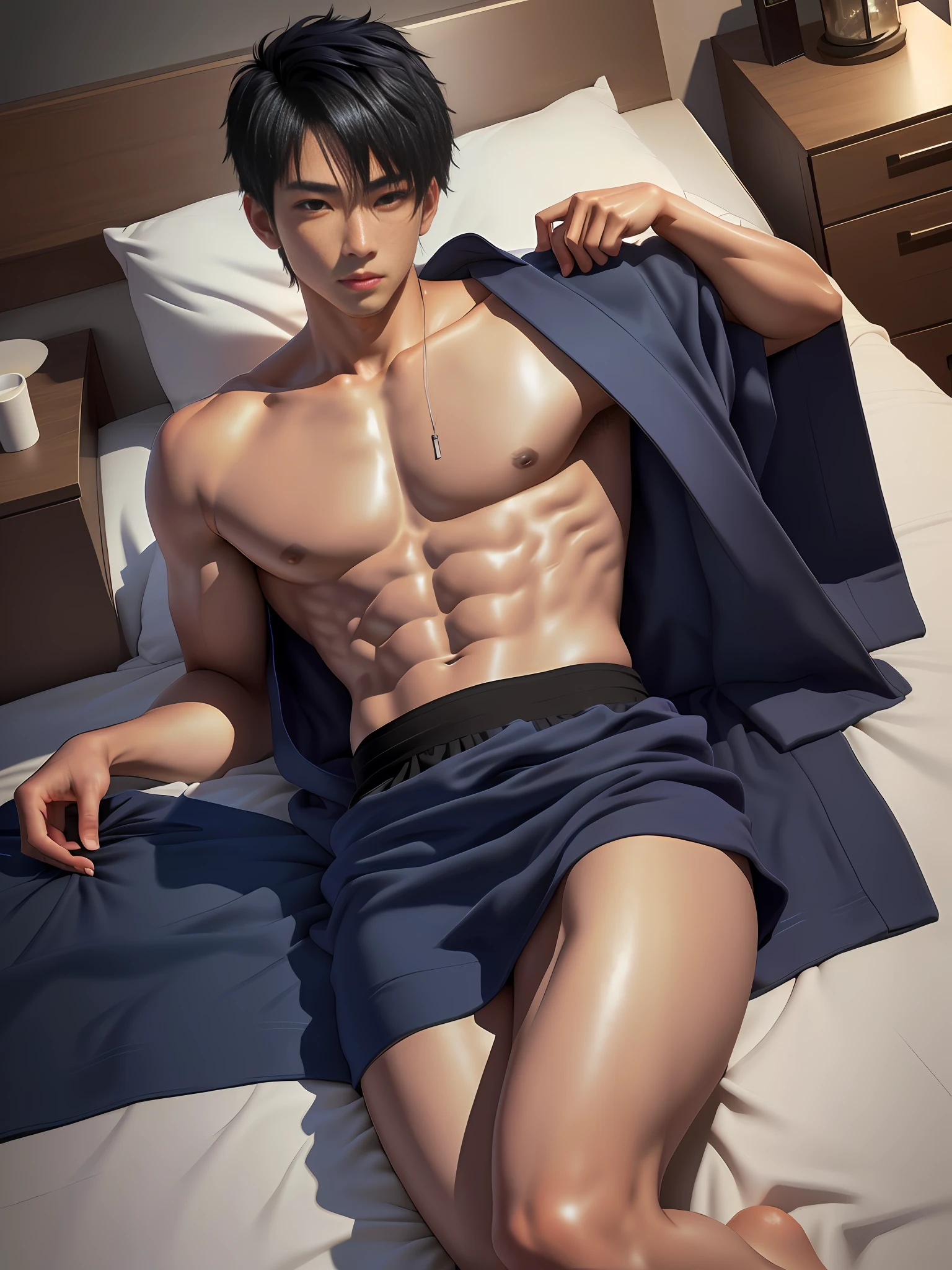 Asian, realistic, detailed, distant view, sexy, boy child, young, short straight black hair, black eyes, towel on hips, arrogant look, in bed, lying in bed,having, underwear, no underwear, naked, realistic eyes, detailed face, detailed hands, sweaty, detailed legs, detailed fingers, blue hair, detailed hair, detailed eyes, detailed skin, dynamic lighting, (photorealistic: 1.4), 8k uhd, (hyper realistic), (photorealistic), (masterpiece), (best quality)