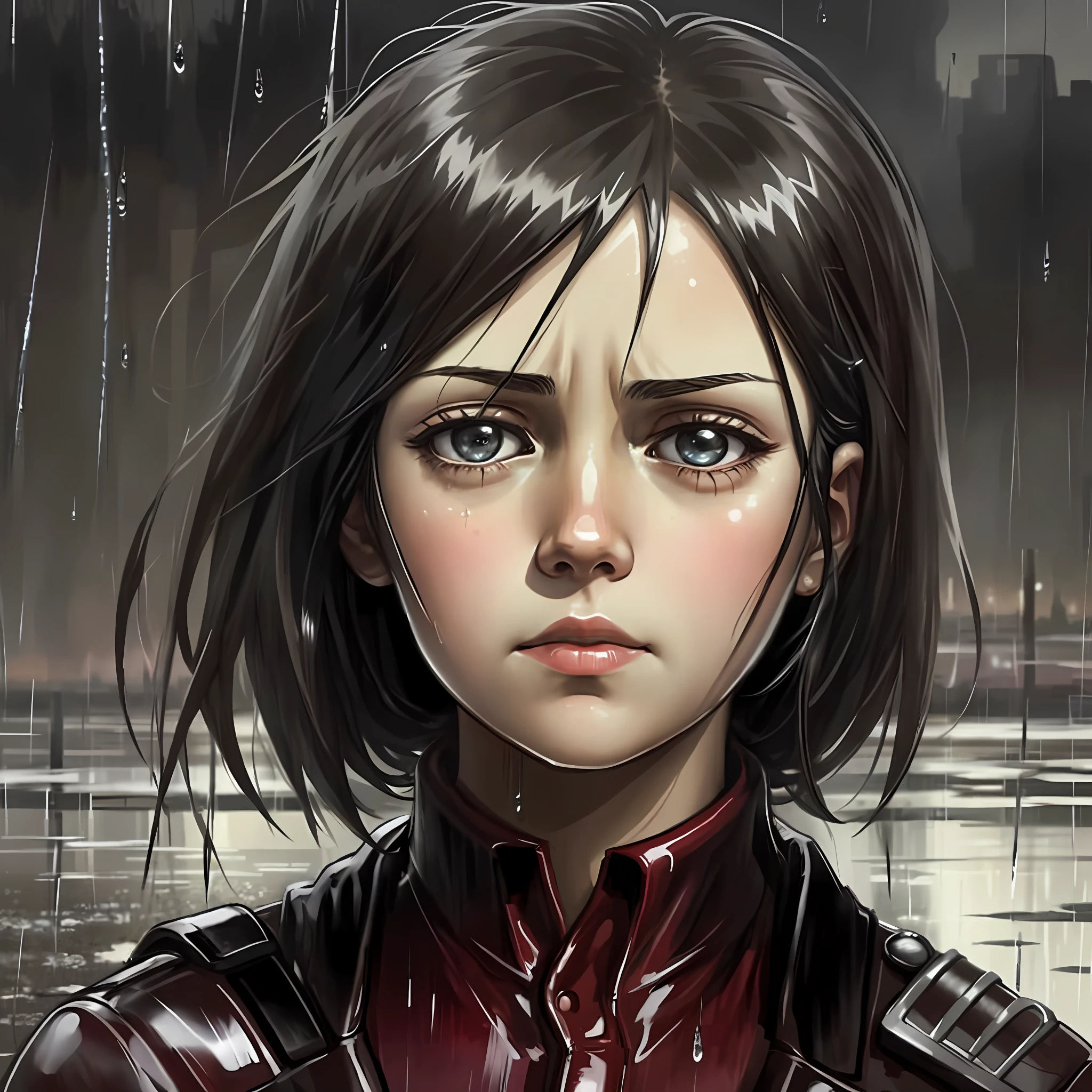 Girl with head tilted to the ground, sad, rainy weather, reflection of the city lights reflecting off the wet parts, mikasa