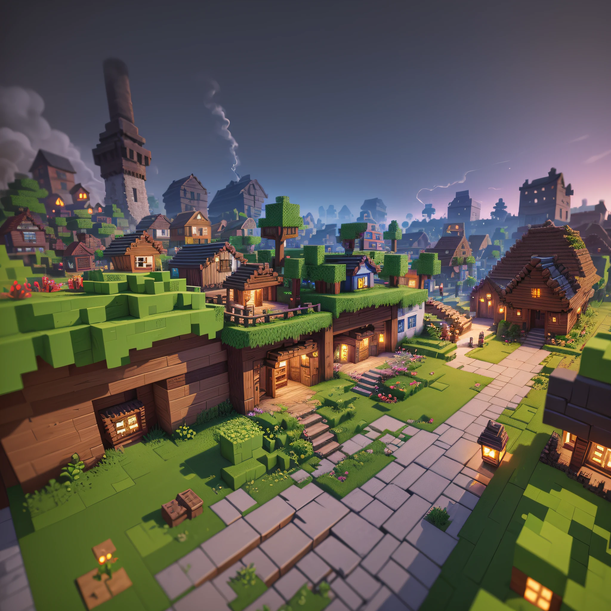 (best quality:1.2) (extremely detailed:1.2) Minecraft scenery of an Aldeão Zumbi village. (dynamic angle:1.1) (colorful lights) (busy streets) (mysterious atmosphere) (1 villager:1.2) (zombies scattered around) (smoke rising from chimneys) (vibrant plants:0.9) (wooden houses) (cobblestone streets) (ancient ruins in the background). --auto --s2