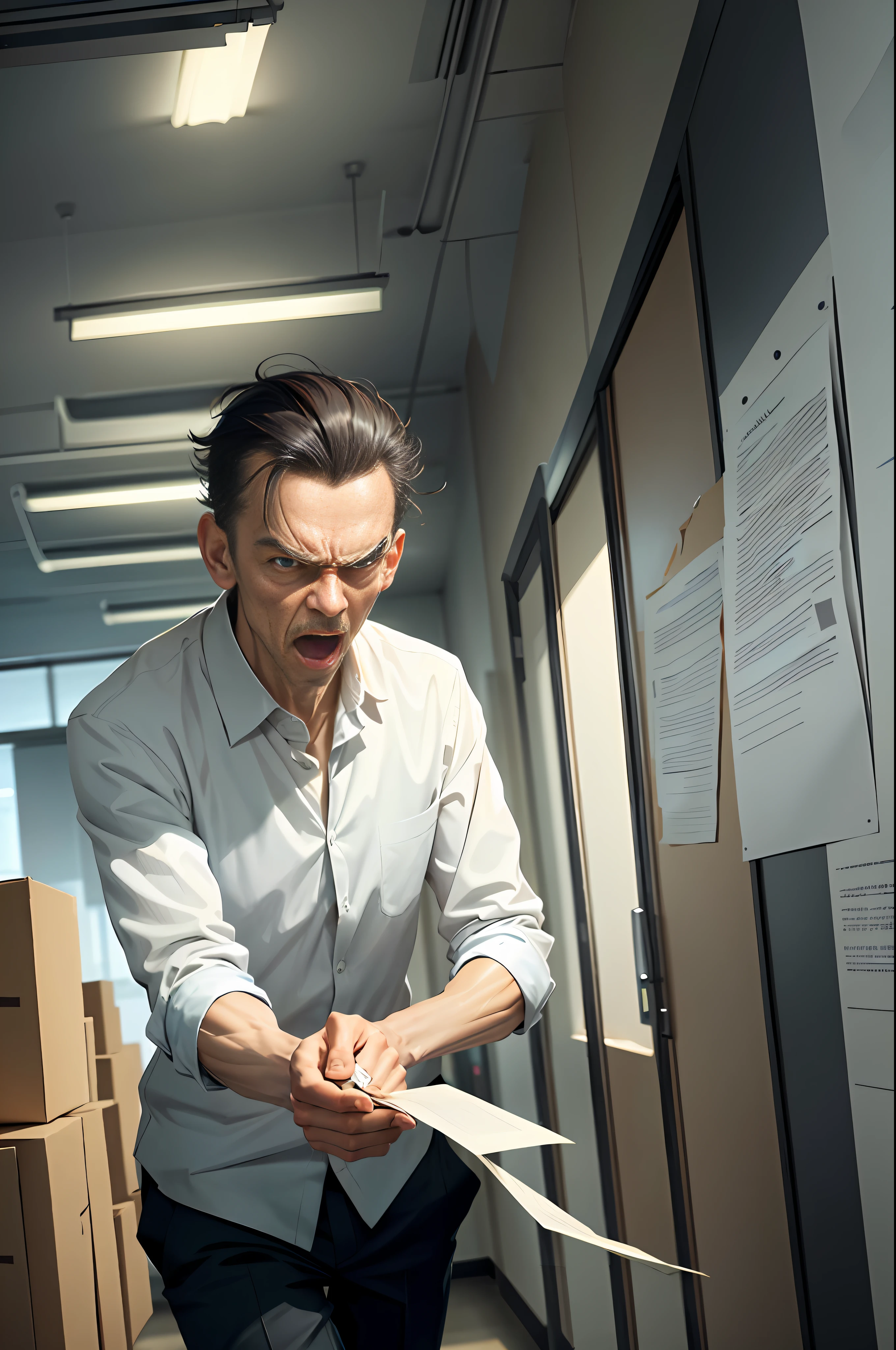 In an empty office, a thin man throws away the paper and smashes his hands on the table, angry, roaring, the paper is full of flying, the picture is impactful, dissatisfied with overtime, high definition, illustration, poster