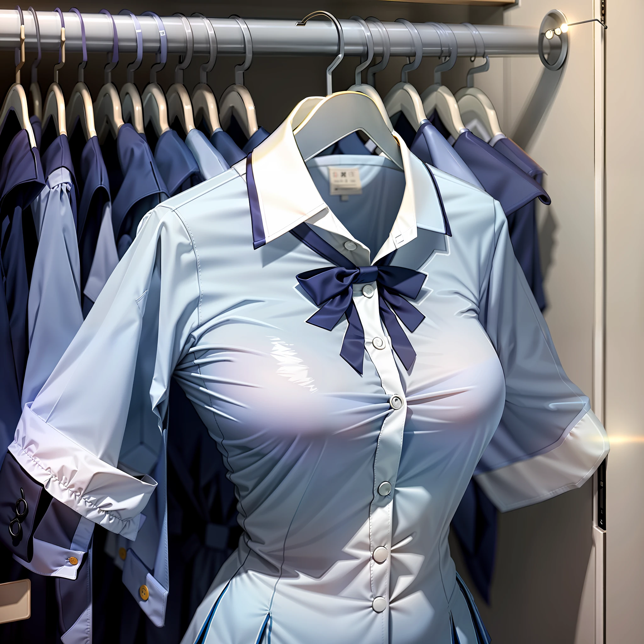 hanger school uniforms in closet raise their sleeves as if invisible girl wear it, school uniforms swells as if possessed by invisible girls, school uniforms have huge breasts and cleavage, (((no humans))), (headless), faceless, invisible girls, from above, (hanger), jk ribbon on the neck