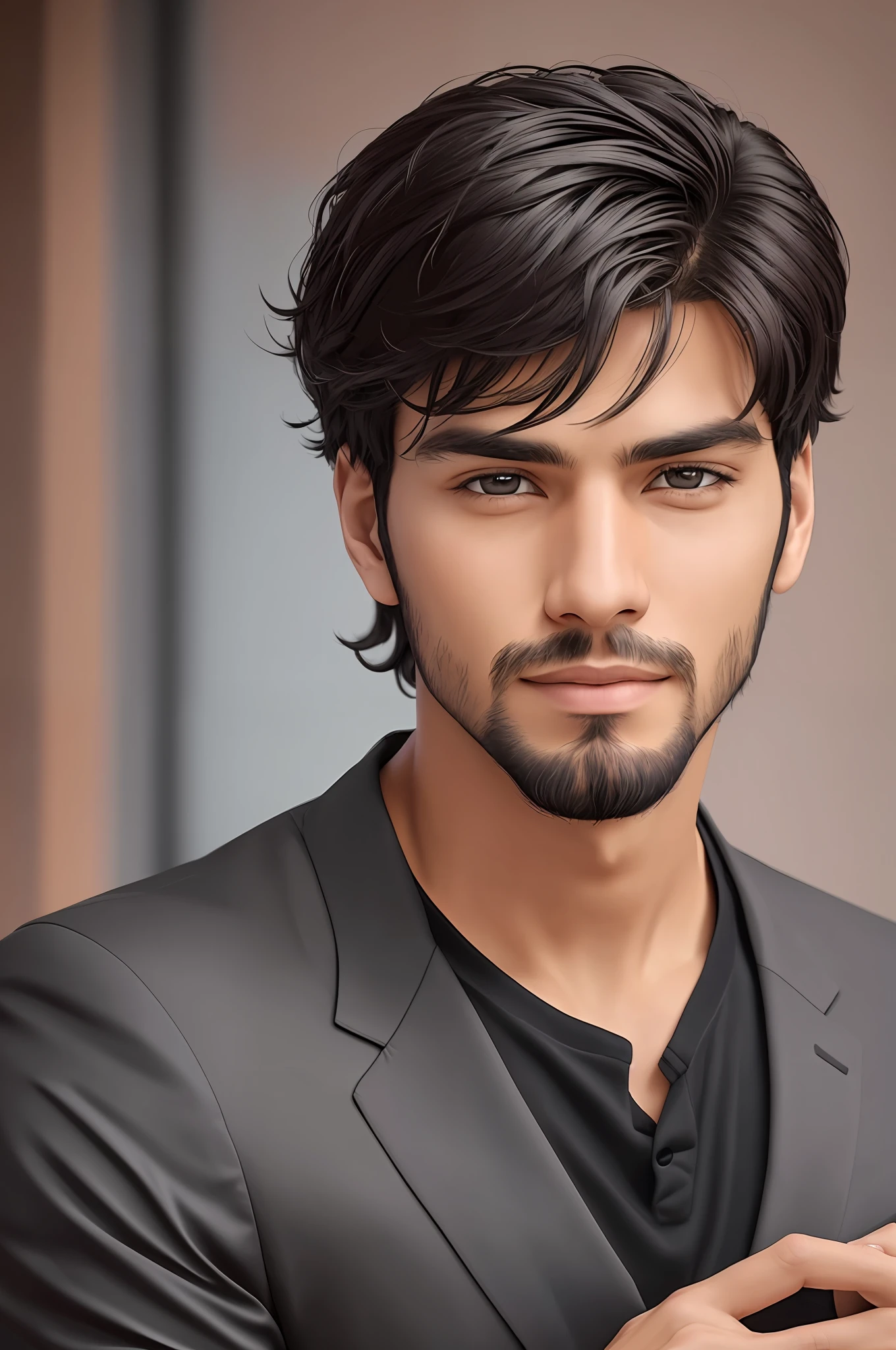 Imagine a 22-year-old, brunette and Latin American, with an engaging and frighteningly beautiful look. His black hair reflects the light of the office while his light brown eyes capture the attention of all who see him. He has a normal athletic body, which shows itself through his well-cut social clothes. This is our perfect support agent for the company that specializes in website creation. He is friendly, helpful and always ready to help. There is no doubt that he is the perfect face of our support team. ( high quality and realistic image), ((Best Quality, 8k, Masterpiece). --auto --s2