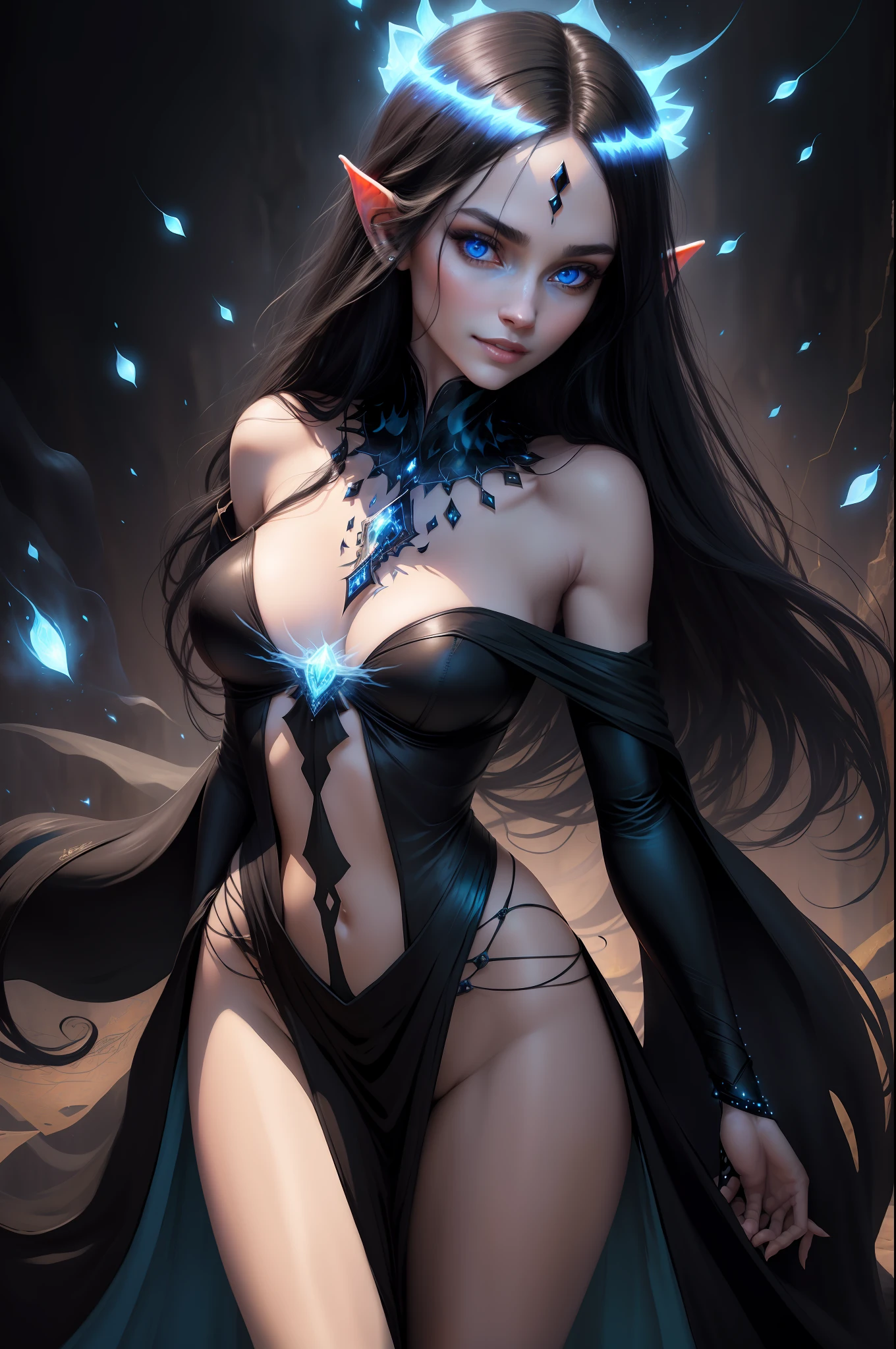 Black elf beautiful and sexy woman with a face of perfect proportions, realistic facial expression, long black hair, light blue eyes, pale skin, wearing a black tunic with intricate decorations, witch, confident expression (dynamic angle, dazzling blue eyes, delicate necklace, charming smile) , (magical mystical background, fireflies, bright particles, ethereal mist, faint darkness), high saturation, film light, edge light, better shade