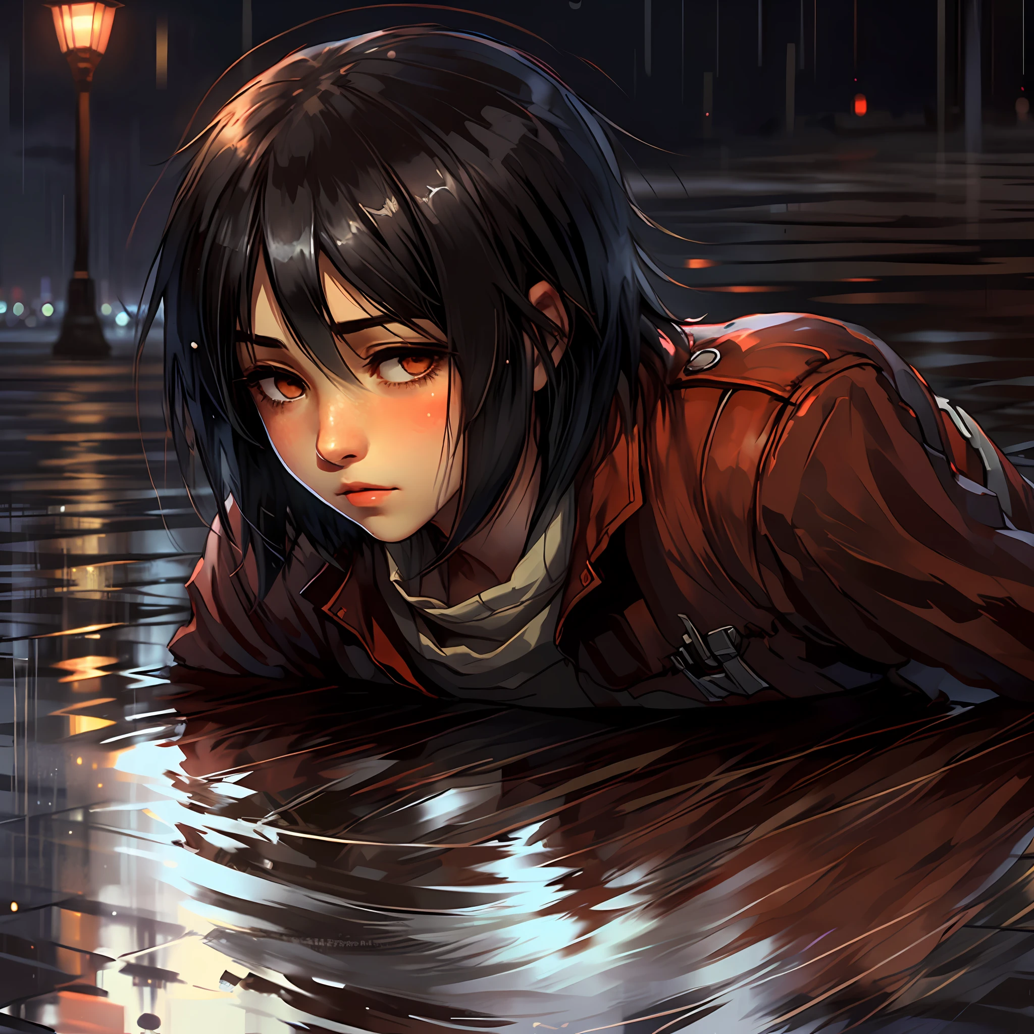Girl with head tilted to the ground, sad, rainy weather, reflection of the city lights reflecting off the wet parts, mikasa