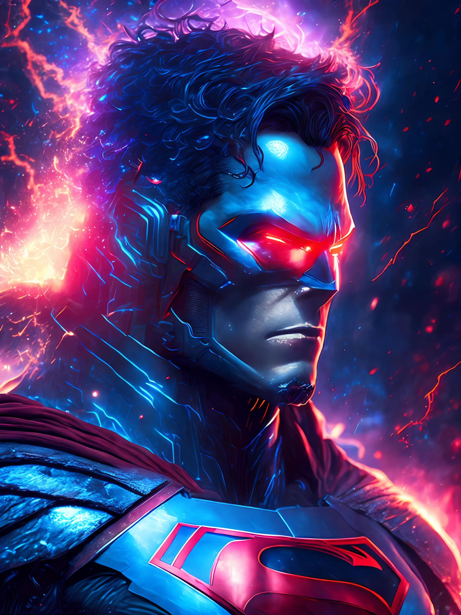 gloomy portrait of Cyborg Superman from DC, extremely detailed, futuristic cityscape, nighttime, glowing neon lights, smoke, sparks, metal shavings, flying debris, blue energy effects, volumetric light