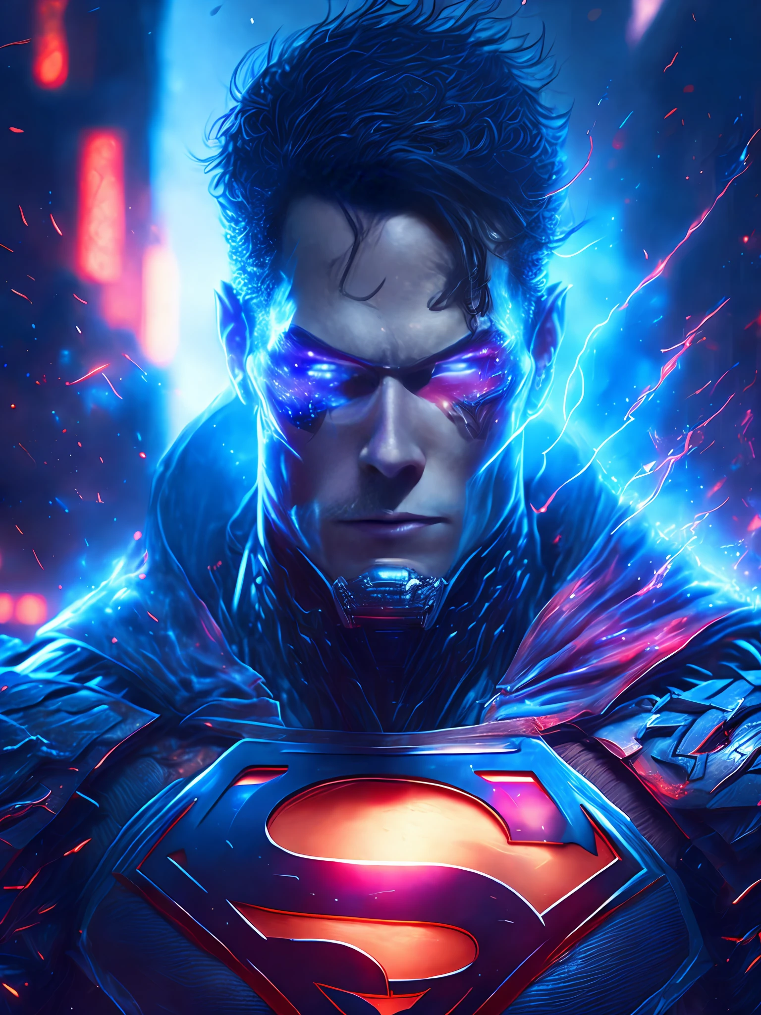 gloomy portrait of Cyborg Superman from DC, extremely detailed, futuristic cityscape, nighttime, glowing neon lights, smoke, sparks, metal shavings, flying debris, blue energy effects, volumetric light