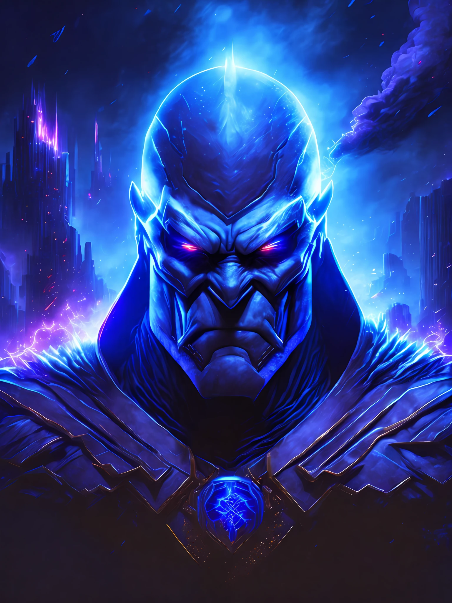 gloomy portrait of Darkseid from DC, extremely detailed, futuristic cityscape, nighttime, glowing neon lights, smoke, sparks, metal shavings, flying debris, blue energy effects, volumetric light