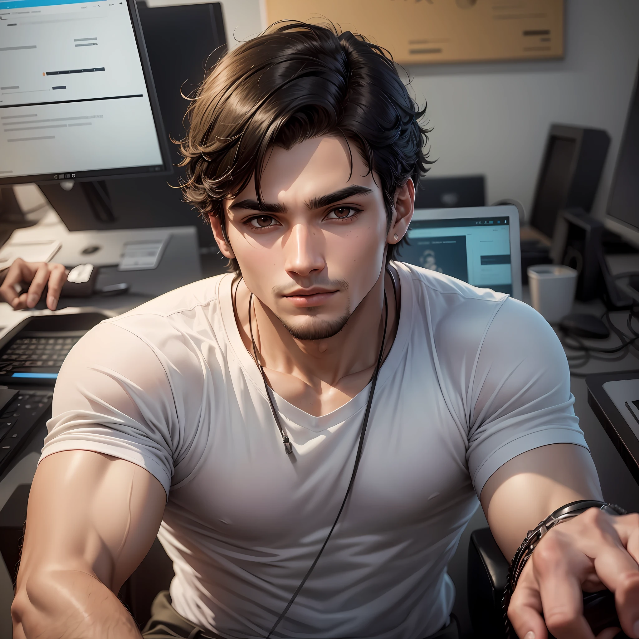 Imagine a 22-year-old, brunette and Latin American, with an engaging and frighteningly beautiful look. His black hair reflects the light of the office while his light brown eyes capture the attention of all who see him. He has a normal athletic body, which shows itself through his well-cut social clothes. This is our perfect support agent for the company that specializes in website creation. He is friendly, helpful and always ready to help. There is no doubt that he is the perfect face of our support team. --auto --s2