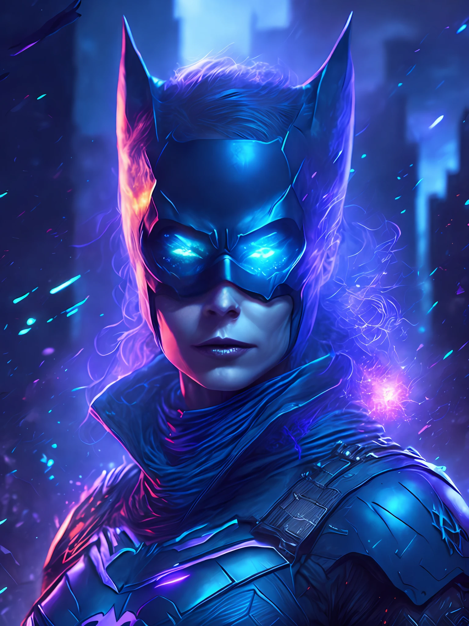 gloomy portrait of Zombie Batgirl from DC, extremely detailed, futuristic cityscape, nighttime, glowing neon lights, smoke, sparks, metal shavings, flying debris, blue energy effects, volumetric light