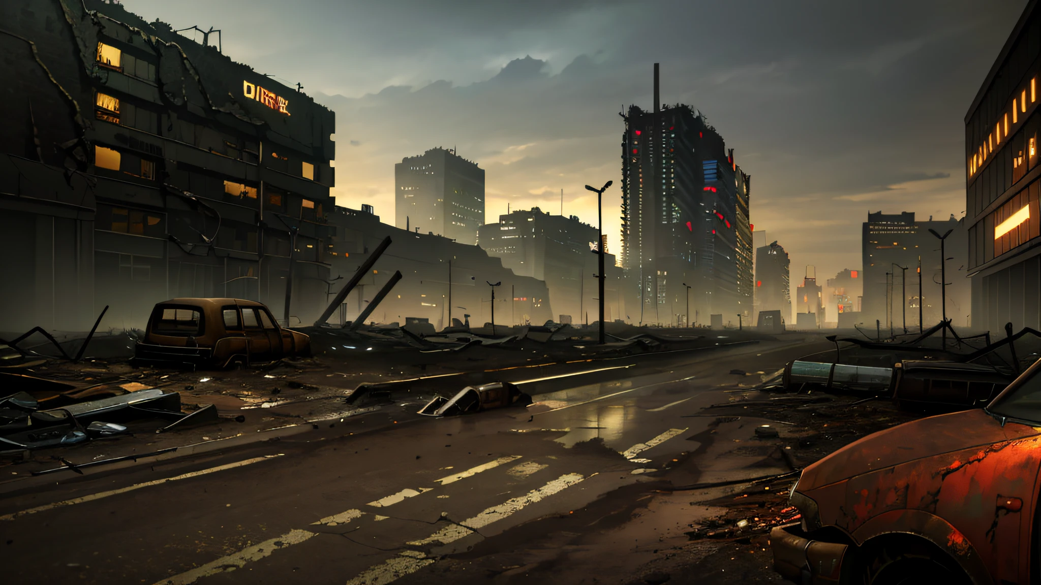 (masterpiece), (best quality), (detailed), landscape resembling a fallout, post-apocalyptic environment, dark and atmospheric, cyberpunk and post-apocalyptic elements, desolate cityscape, crumbling buildings, abandoned vehicles, fog and darkness engulfing the scene, high-resolution 8k image, capturing the eerie and mysterious essence of a world transformed by catastrophe