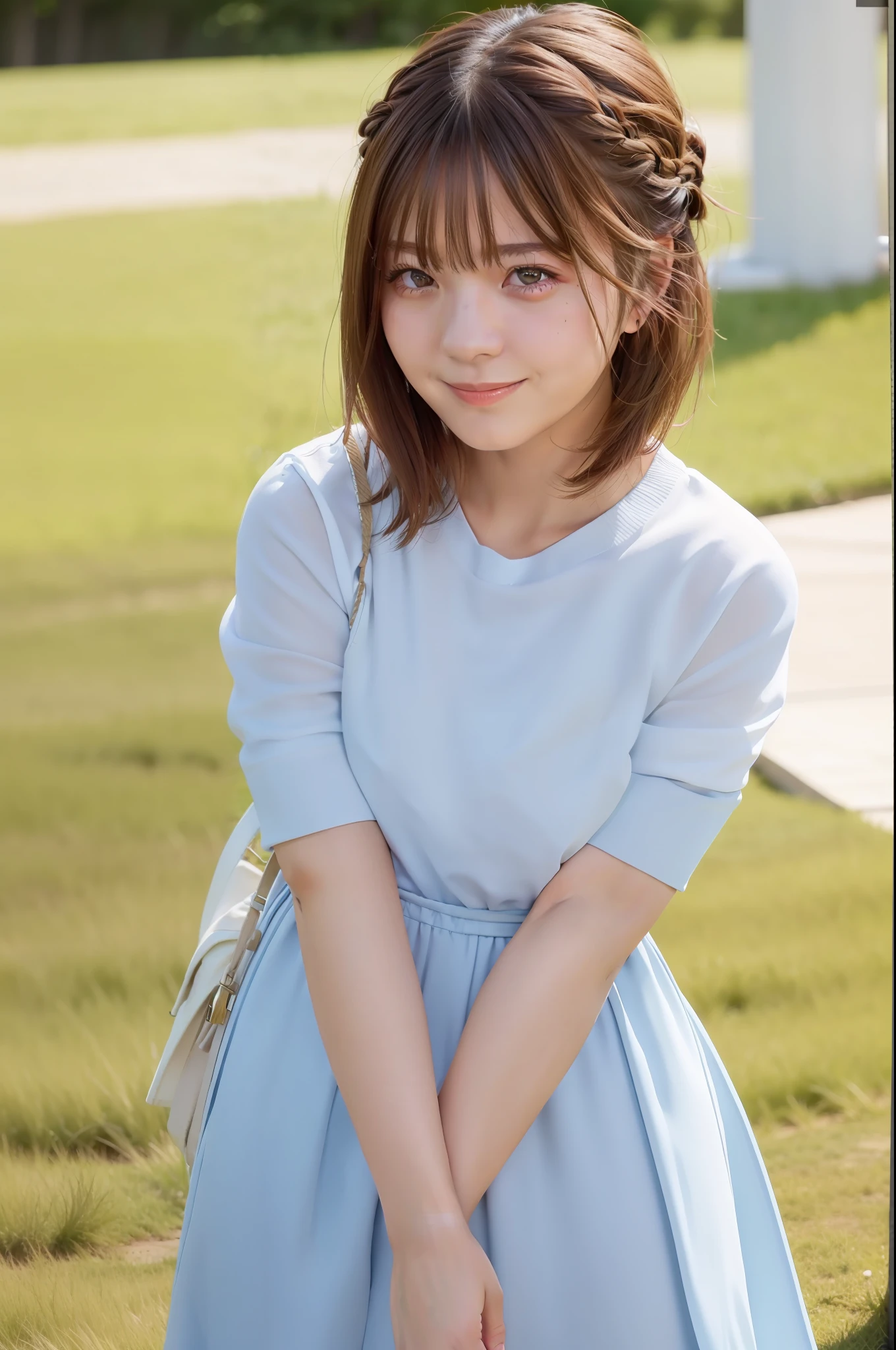 Realistic, (RAW Photo: 1.2), (Photorealistic: 1.4), (Masterpiece: 1.3), (Best Quality: 1.4), Ultra High Resolution, (Detailed Eyes), (Detailed Facial Features), (Detailed Clothing Features), HDR, 8k Resolution, Solo Focus, Bangs, Skin Tightness, (Glossy Skin), (Plump Girl)), (Round Big), Dreamy,
(extreme detailed drawing), confirmation of commentary, request for commentary, landscape, no text,
Virtual Girl - Aim,
1 girl, full body,
cute, innocent,
(smile), braided hair