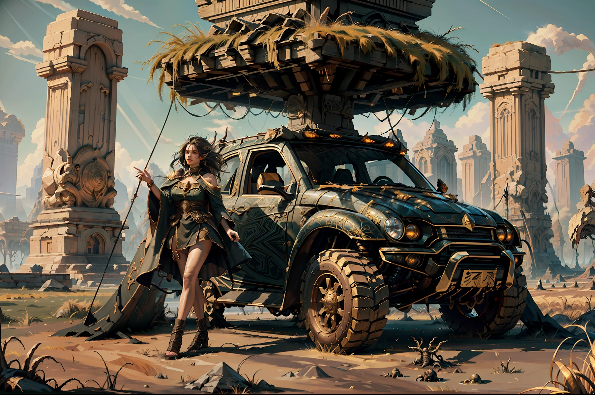 ((Best quality)), ((masterpiece)), (highly detailed:1.3)3D,tanjoreai , Amidst a realm of enchantment and mythical wonders, tales of (heroes:1.1) and (heroines:1.2) unfold. In this realm, ancient prophecies foretell the rise of a chosen champion destined to confront a malevolent force threatening to plunge the world into eternal darkness. The path to victory lies scattered across exotic and otherworldly landscapes, from mist-shrouded forests to towering crystalline peaks and (ethereal floating islands:1.1).Harnessing the arcane arts, (mighty wizards:1.1) conjure spells that weave intricate patterns of magic, while (elven archers:1.1) unleash arrows infused with ancient power. (Dwarven smiths craft legendary weapons:1.1) imbued with the essence of mythical creatures, capable of vanquishing even the most formidable foes.The heroes embark on a perilous quest, guided by ancient scrolls and cryptic riddles. Along their journey, they encounter wise mystics, shape-shifting creatures, and (mysterious sorceresses:1.1) who possess forbidden knowledge.As the heroes traverse the realms, ancient ruins and forgotten temples reveal long-lost secrets and powerful artifacts. The clash of steel and the crackling of (magical energies:1.1) echo through ancient battlegrounds, as the destiny of the world hangs in the balance. The heroes must summon unwavering courage, unwavering unity, and unlock their true potential to overcome seemingly insurmountable odds and fulfill their heroic destinies.In this realm of high fantasy, where the realms of magic and technology intertwine, where legends are born and (epic:1.2) sagas unfold, where heroes rise and villains fall, embark on a grand adventure that will captivate the imagination and transport you to a world where anything is possible,HDR (High Dynamic Range),Ray Tracing,NVIDIA RTX,Super-Resolution,Unreal 5,Subsurface scattering,PBR Texturing,Post-processing,Anisotropic Filtering,Depth-of-field,Maximum clarity and sharpness,Multi-layered textu