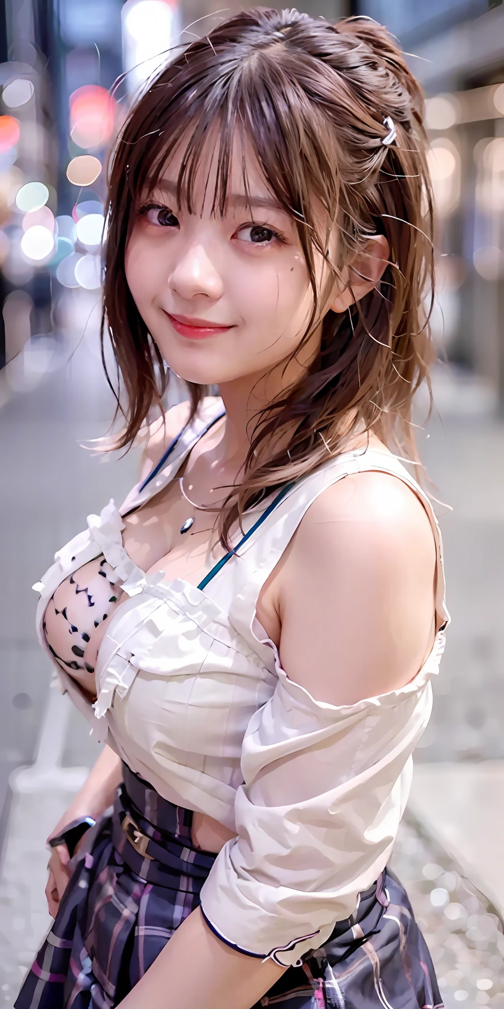 1 girl, Tokyo street, night, cityscape, city lights, upper body, close-up, smile, (8k, RAW photo, top quality, masterpiece: 1.2), (real, photoreal: 1.37), round breasts, big cleavage, braided hair