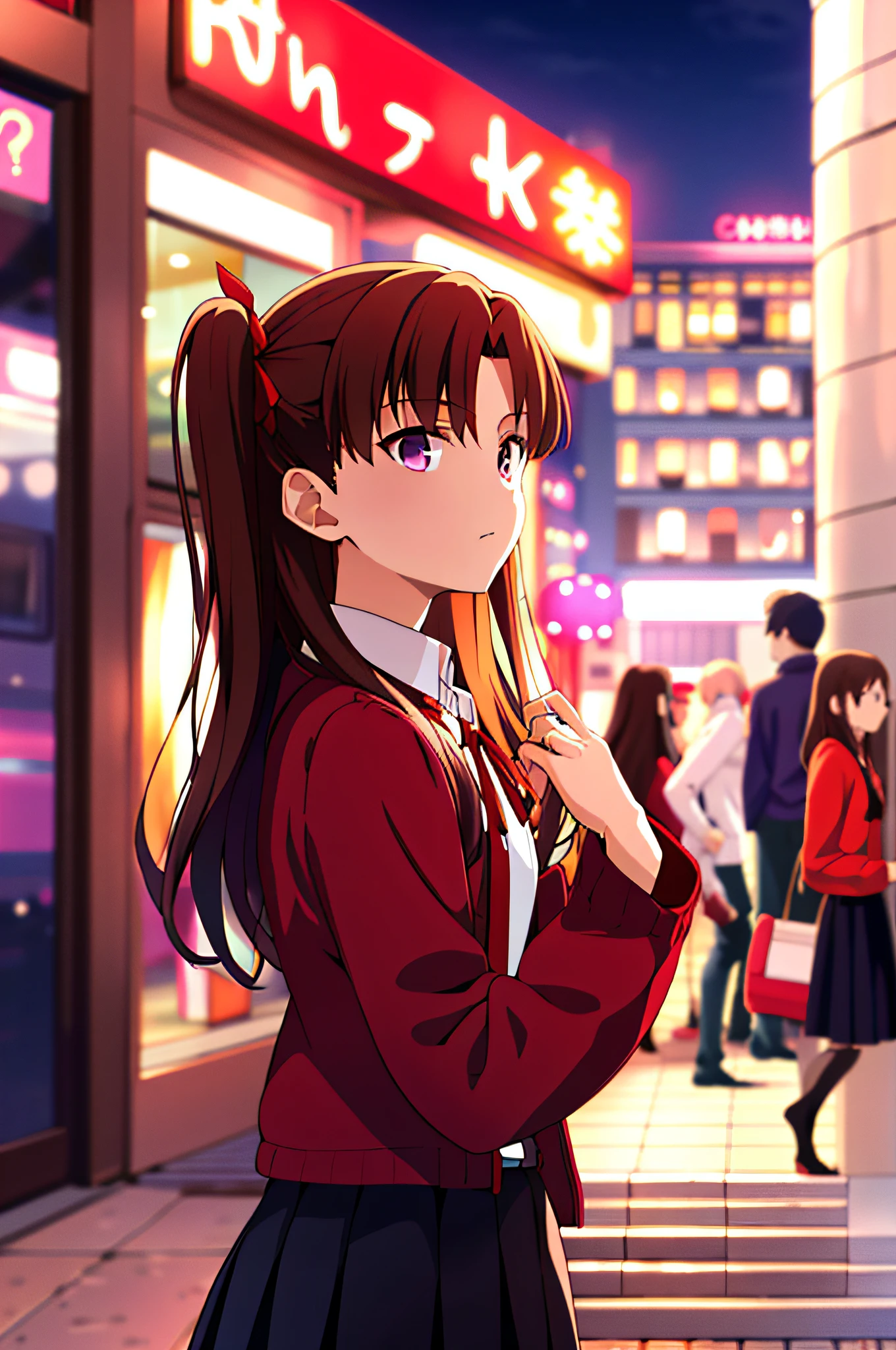 (Representative song: 1.4), (Best quality: 1.4), Rin Tohsaka and Sakura Magiri are shopping together,
((Mato Sakura:1.2), purple eyes, purple hair, ribbon, hair ribbon, Homurahara Gakuen uniform, brown jacket, long hair, red ribbon)), ((Tohsaka rin), bangs, black skirt, blue eyes, brown hair, cowboy shot, from side, long hair, long sleeves, looking to the side, parted bangs, parted lips, pleated skirt, red sweater, signature, skirt, solo, sweater, two side up ,))
upper body, watch the viewer,
city, cityscape, sky, night