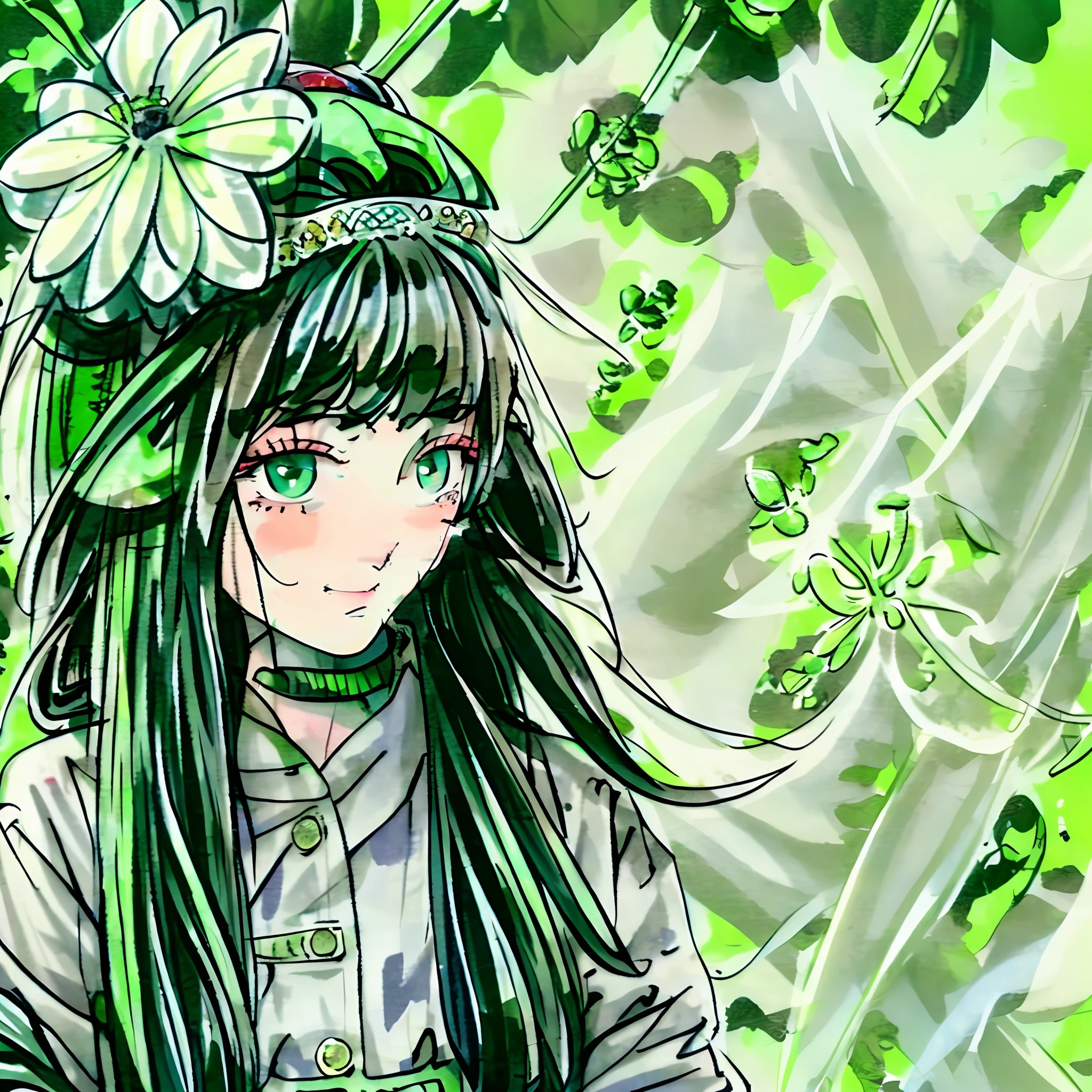 witch Young girl with curly white hair, green eye Green moss dress, four-leaf clover hat, field with four-leaf clovers,on a sunny day