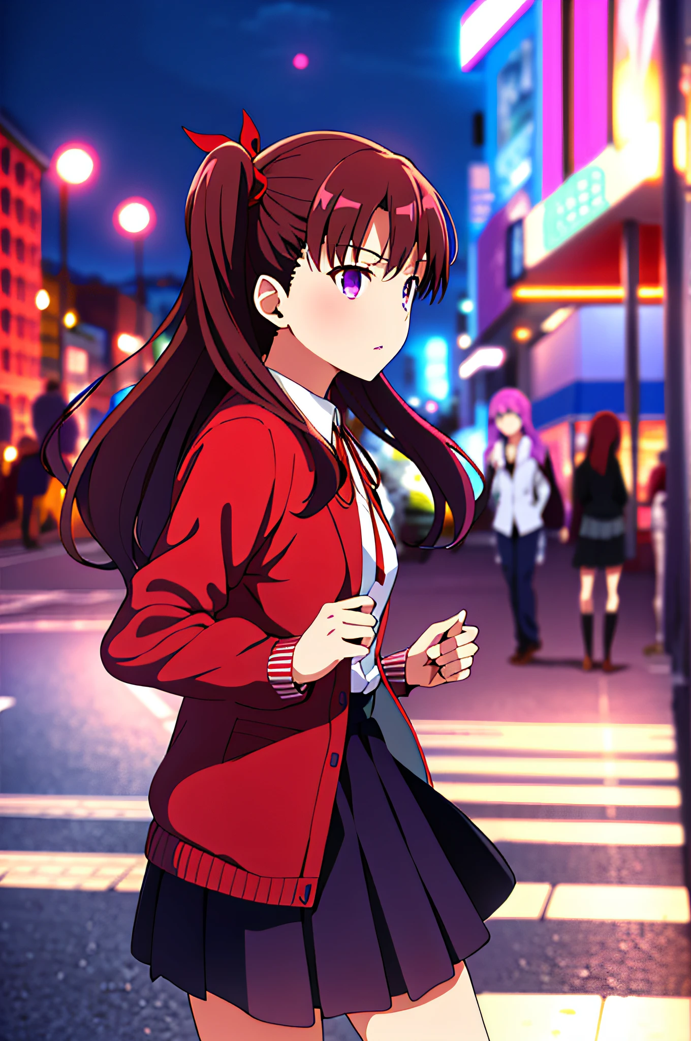 (Representative song: 1.4), (Best quality: 1.4), Rin Tohsaka and Sakura Magiri are shopping together,
((Mato Sakura:1.2), purple eyes, purple hair, ribbon, hair ribbon, Homurahara Gakuen uniform, brown jacket, long hair, red ribbon)), ((Tohsaka rin), bangs, black skirt, blue eyes, brown hair, cowboy shot, from side, long hair, long sleeves, looking to the side, parted bangs, parted lips, pleated skirt, red sweater, signature, skirt, solo, sweater, two side up ,))
upper body, watch the viewer,
city, cityscape, sky, night