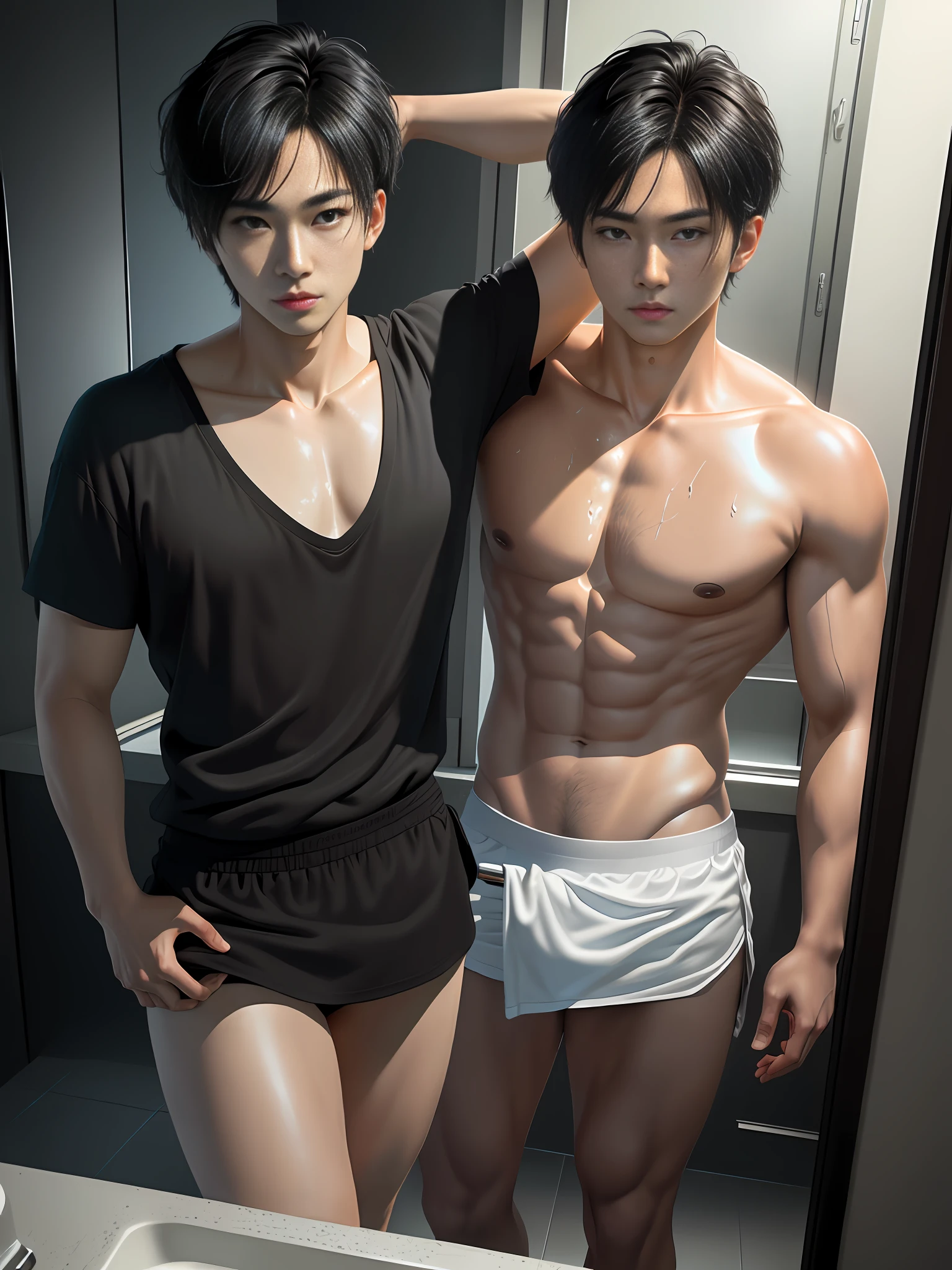 Korean, realistic, detailed, distant view, sexy,  young, short straight black hair, black eyes, towel on hips, arrogant look, bathroom, bathroom, lying in bathroom, underwear, no underwear, naked, realistic eyes, detailed face, detailed hands, sweaty, detailed legs, detailed fingers, detailed hair, detailed eyes, detailed skin, dynamic lighting, (photorealistic: 1.4), 8k uhd, (hyper realistic), (photorealistic),  (masterpiece), (best quality)