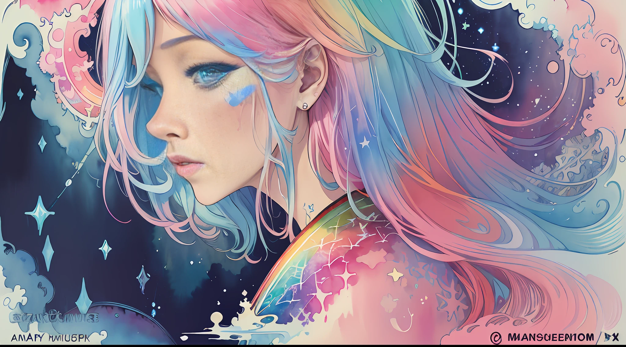(masterpiece, top quality, best quality,watercolor (medium),official art, beautiful and aesthetic:1.2),(1girl:1.3), (fractal art:1.3),upper body, from side, looking at viewer,patterns,(rainbow color Hair,colorful hair,half blue and half pink hair:1.2),water,liquid, cloud,colorful, starry,stars,