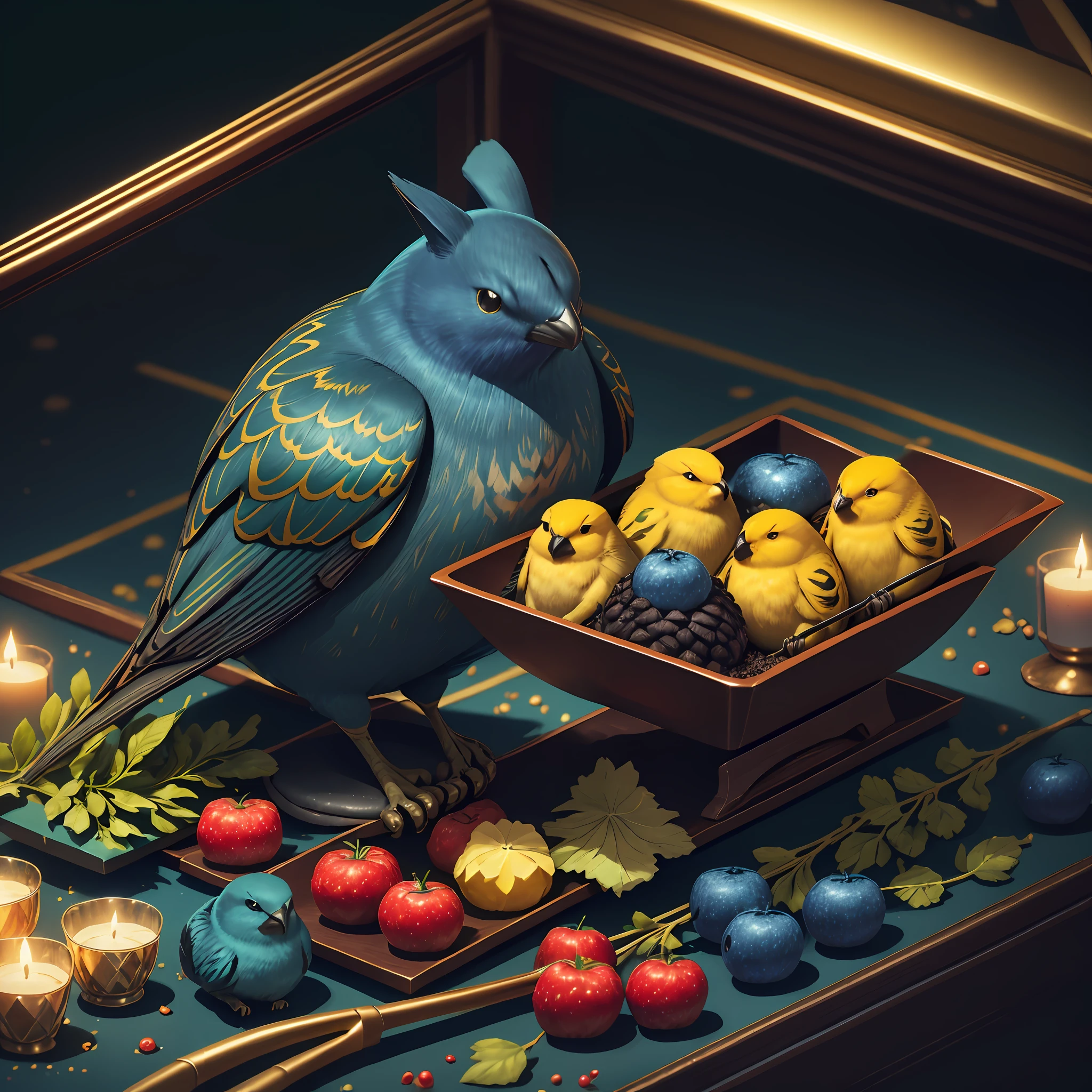Canary show, of all colors, fat, nonhuman's, depth of field, disney style, DARK satin blue, wearing satin red, wearing satin green deep shadow, (dark: 1.4), (8k, RAW photo, best quality, masterpiece: 1.2),Banquet with fruits of all kinds.