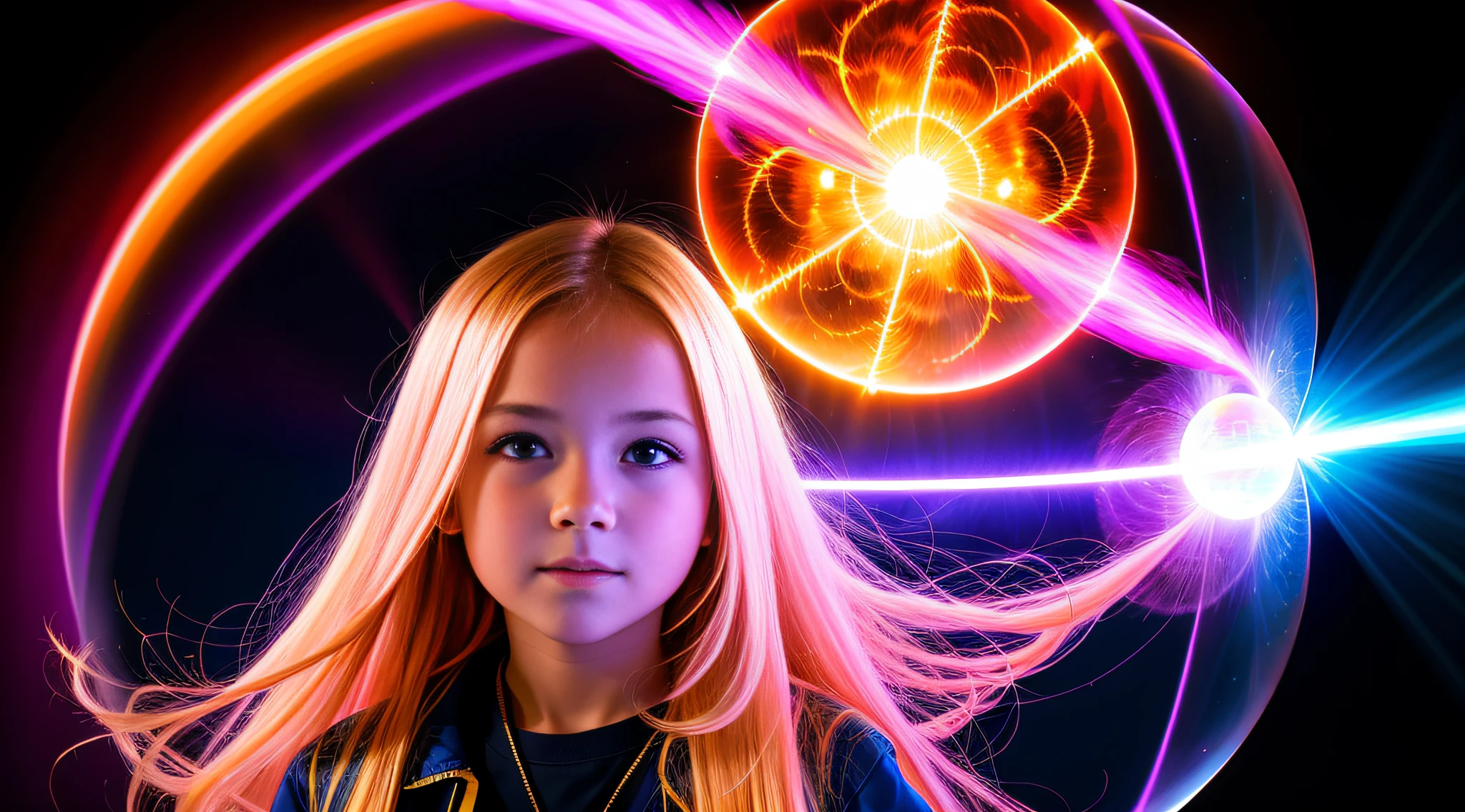 girl CHILD , blonde straight hair very long, PORTRAIT STYLE, CLOSE UP, of a plasma ball with a red ball in the middle, plasma globe, a large sphere of red energy, plasma charges, spinning plasma, aura of electricity, plasma, inner glow of plasma neon, energy spheres, colored plasma hair,  lightning arc plasma, tesla coil, electrons, plasma rays, electric aura, glowing sphere, purple energy, electrifying