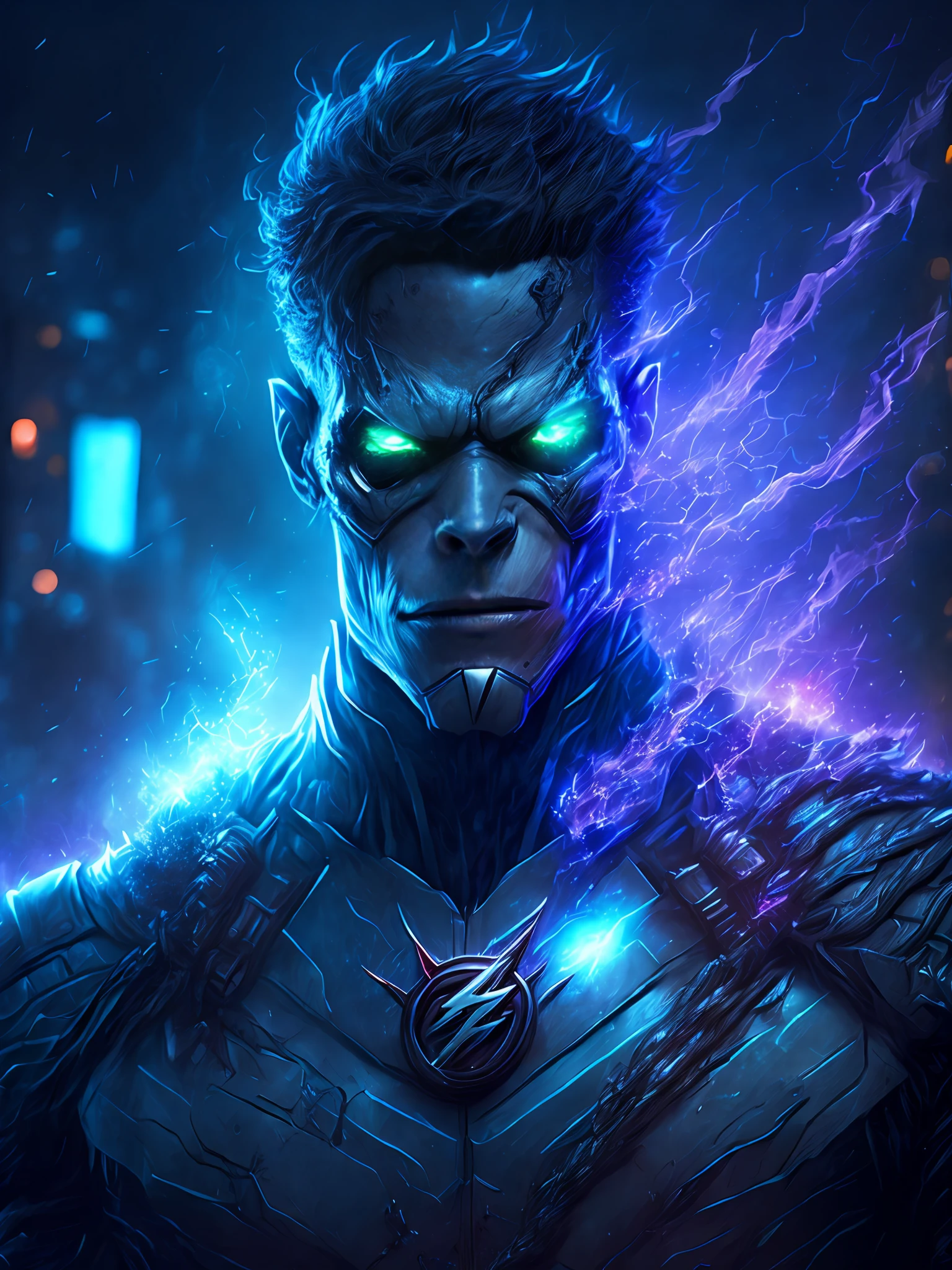 gloomy portrait of Zombie Black Flash from DC, extremely detailed, futuristic cityscape, nighttime, glowing neon lights, smoke, sparks, metal shavings, flying debris, blue energy effects, volumetric light