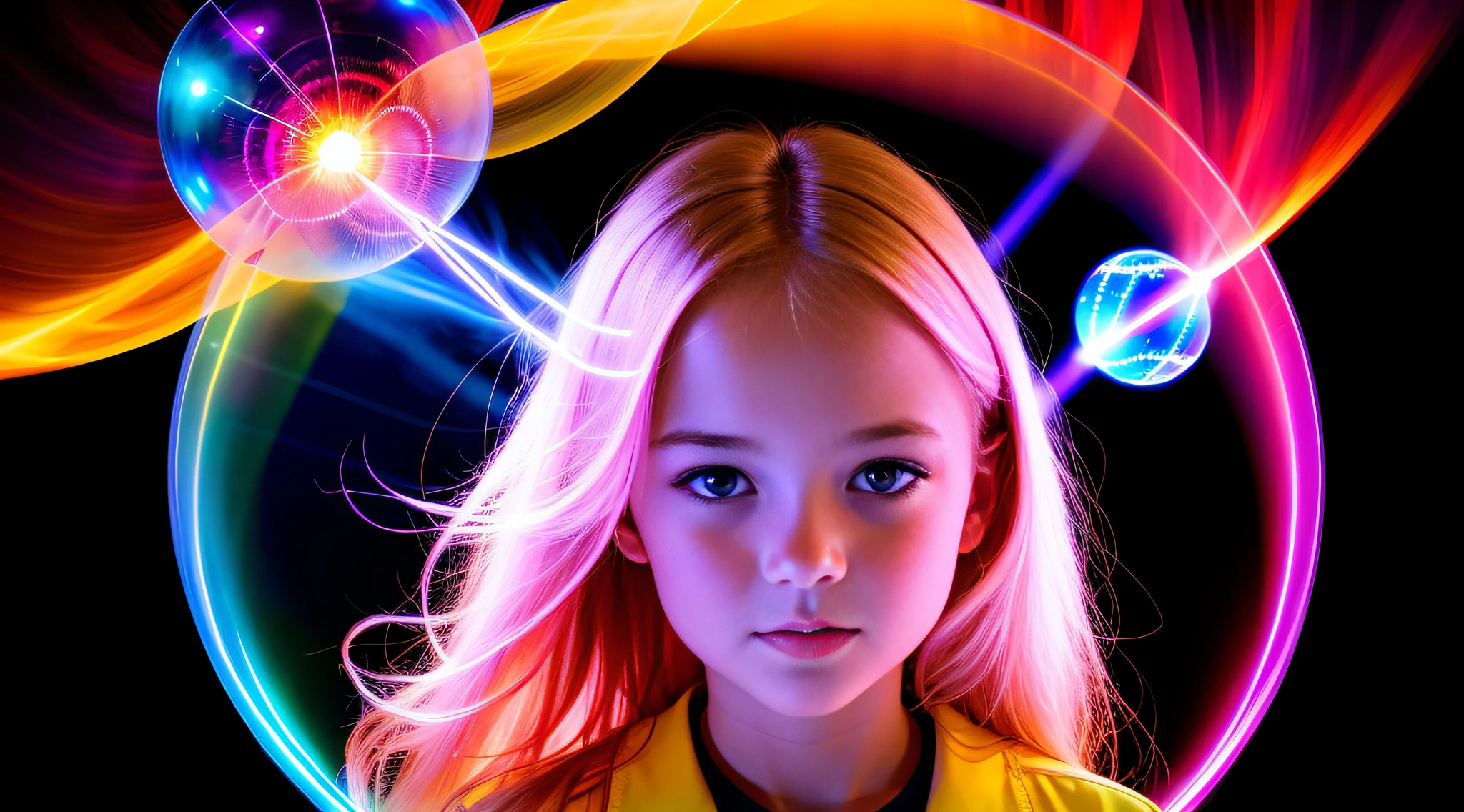 girl CHILD , blonde straight hair very long, PORTRAIT STYLE, CLOSE UP, of a plasma ball with a red ball in the middle, plasma globe, a large sphere of red energy, plasma charges, spinning plasma, aura of electricity, plasma, inner glow of plasma neon, energy spheres, colored plasma hair, lightning arc plasma, tesla coil, electrons, plasma rays, electric aura, glowing sphere, purple energy, electrifying