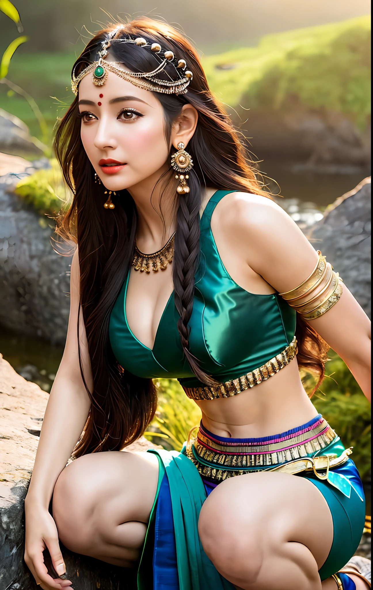 ((realistic:1.5)),((best quality)), ((masterpiece)),((detailed)), (1girl), {a beautiful female wearing a Sari}, (upper body:1.3),super-wide-angle lens,face focus, mature,sexy,toned muscles,long legs,curvy, barefoot, medium breasts, open cleavage, drooping breasts, thick thighs,wide hips, thin legs, green eyes,long black hair,floting hair,long eyelashes, (detailed face,beautiful eye, detailed pupilss,detailed clothes features, clear background:1.3), (Bindi,Jhumkas:1.3), (Armlet, Haar, Payal,Maang Tikka,Jhumkas,Kamarband,Bangles:1.3), mysterious ancient ruin, lush forests, deep canyons,bridge,river,cliff,cloud, lakes,rock,waterfalls, flowers, grass, fog,vine,tree, smoke, best shadow,bright details,sharp,perfect composistion, Intricate, Sharp focus, dramatic, by Frank Frazetta,by Julie Bell,by Olivia De Berardinis,by Luis Royo,by boris vallejo, (specular lighting:1.3),rim light, princesses, royal skimpy underwear, hugging and touching each other, teasing her friend's waist, gasping friend, biting her friend's ear lobe, squatting