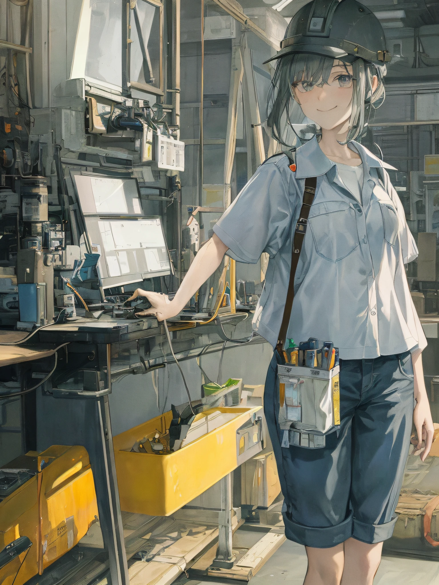 1 girl, engineer, work clothes, wearing pants, worker helmet, google, cute, looking viewer, holding a measuring stick in hand, metalworking, girl smiling, background simple