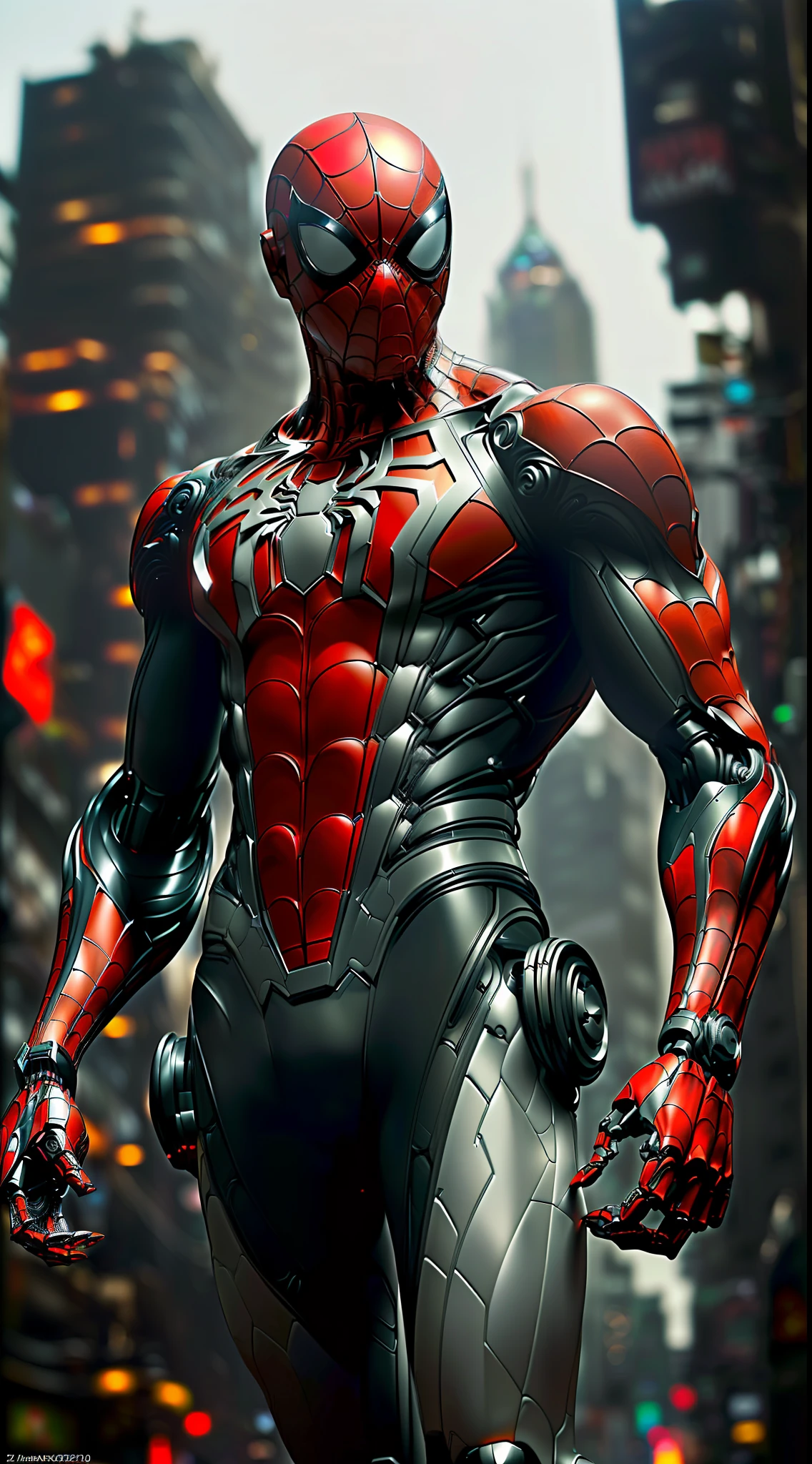 a photograph of spider man 2099, biomechanical, complex robot, full body, hyper realistic, insane fine details, Extremely sharp lines, cyberpunk aesthetic, a masterpiece, featured on zbrush central