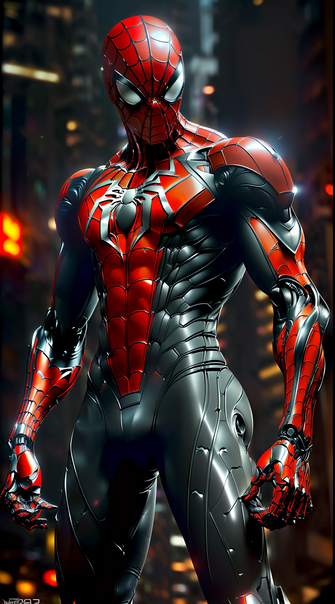 a photograph of spider man 2099, biomechanical, complex robot, full body, hyper realistic, insane fine details, Extremely sharp lines, cyberpunk aesthetic, a masterpiece, featured on zbrush central