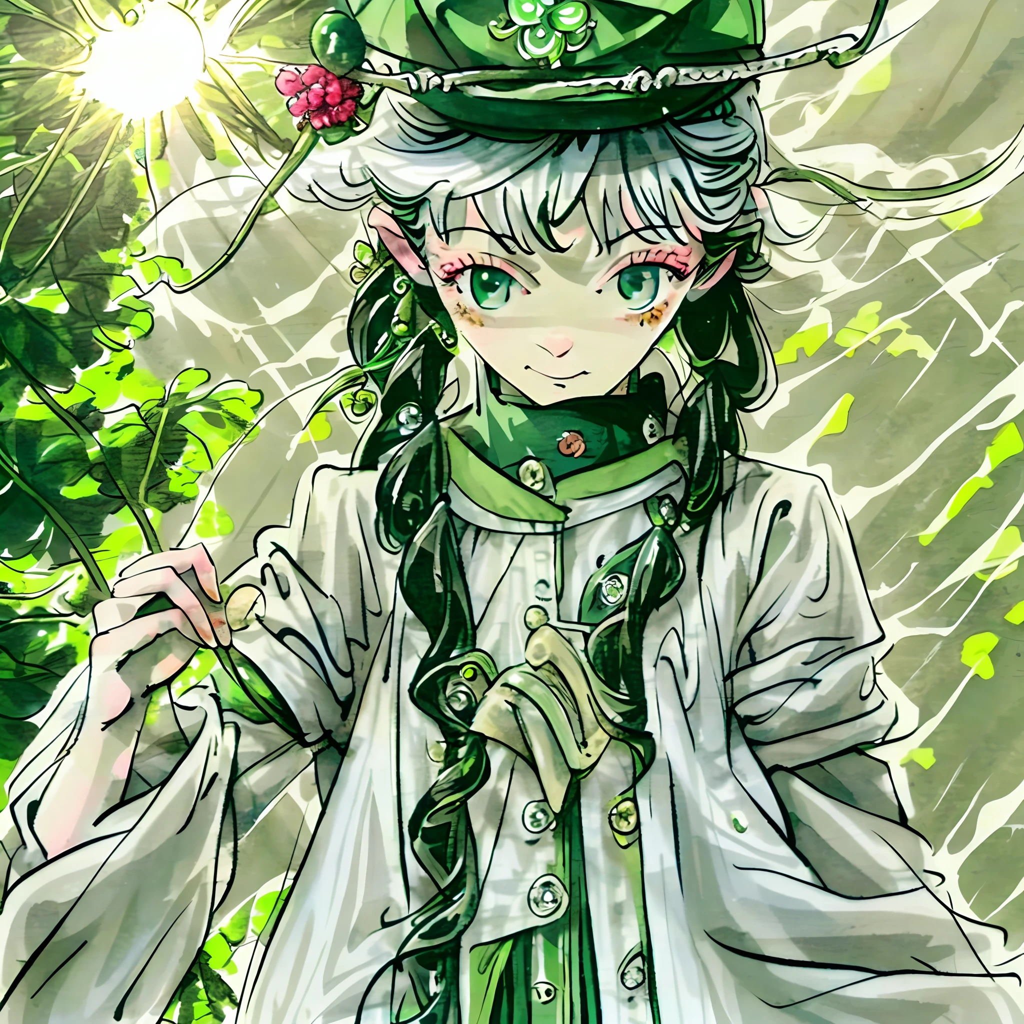 witch Young girl with curly white hair, green eye Green moss dress, four-leaf clover hat, field with four-leaf clovers,on a sunny day
