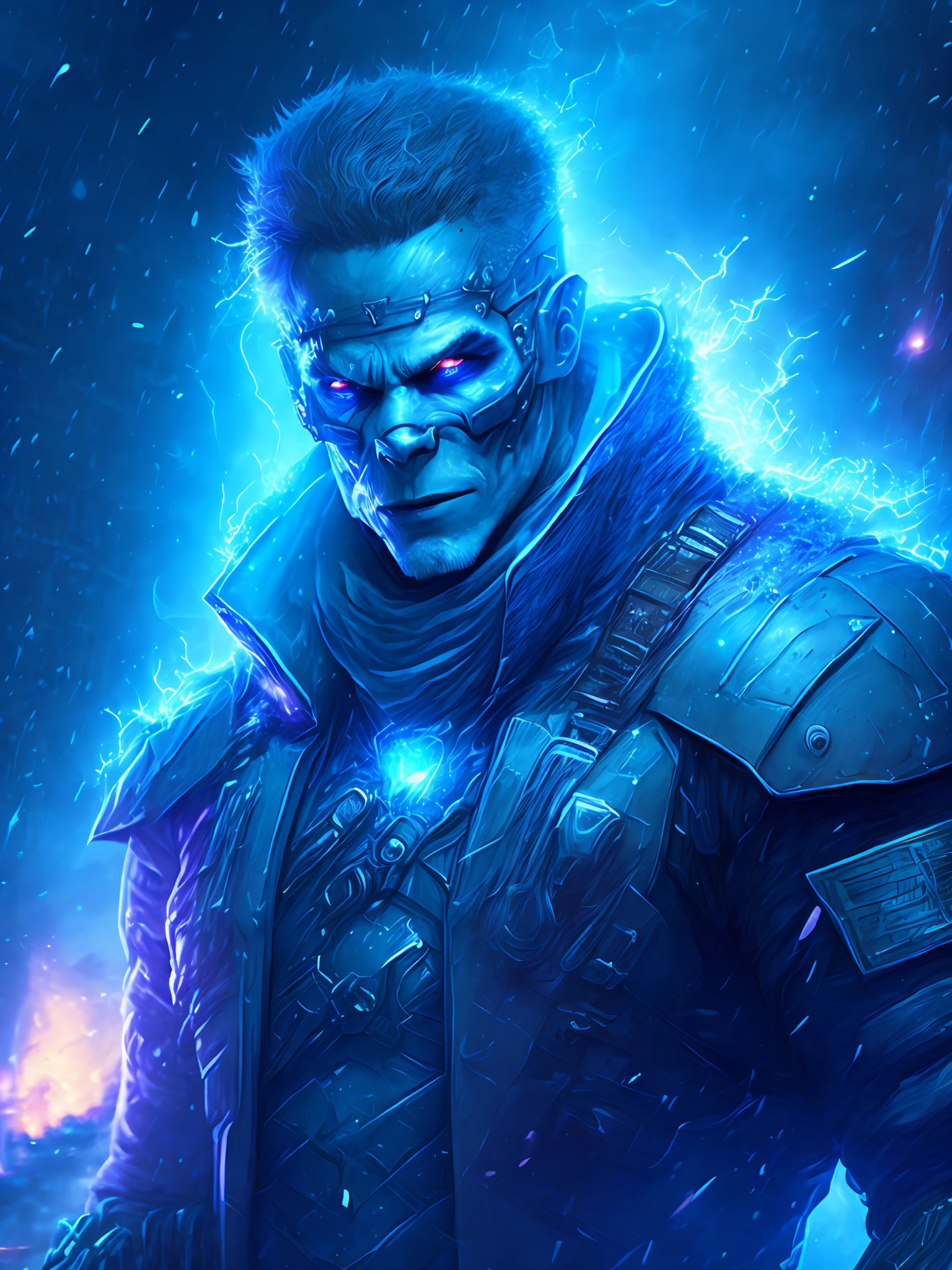 gloomy portrait of Zombie Captain Cold from DC, extremely detailed, futuristic cityscape, nighttime, glowing neon lights, smoke, sparks, metal shavings, flying debris, blue energy effects, volumetric light