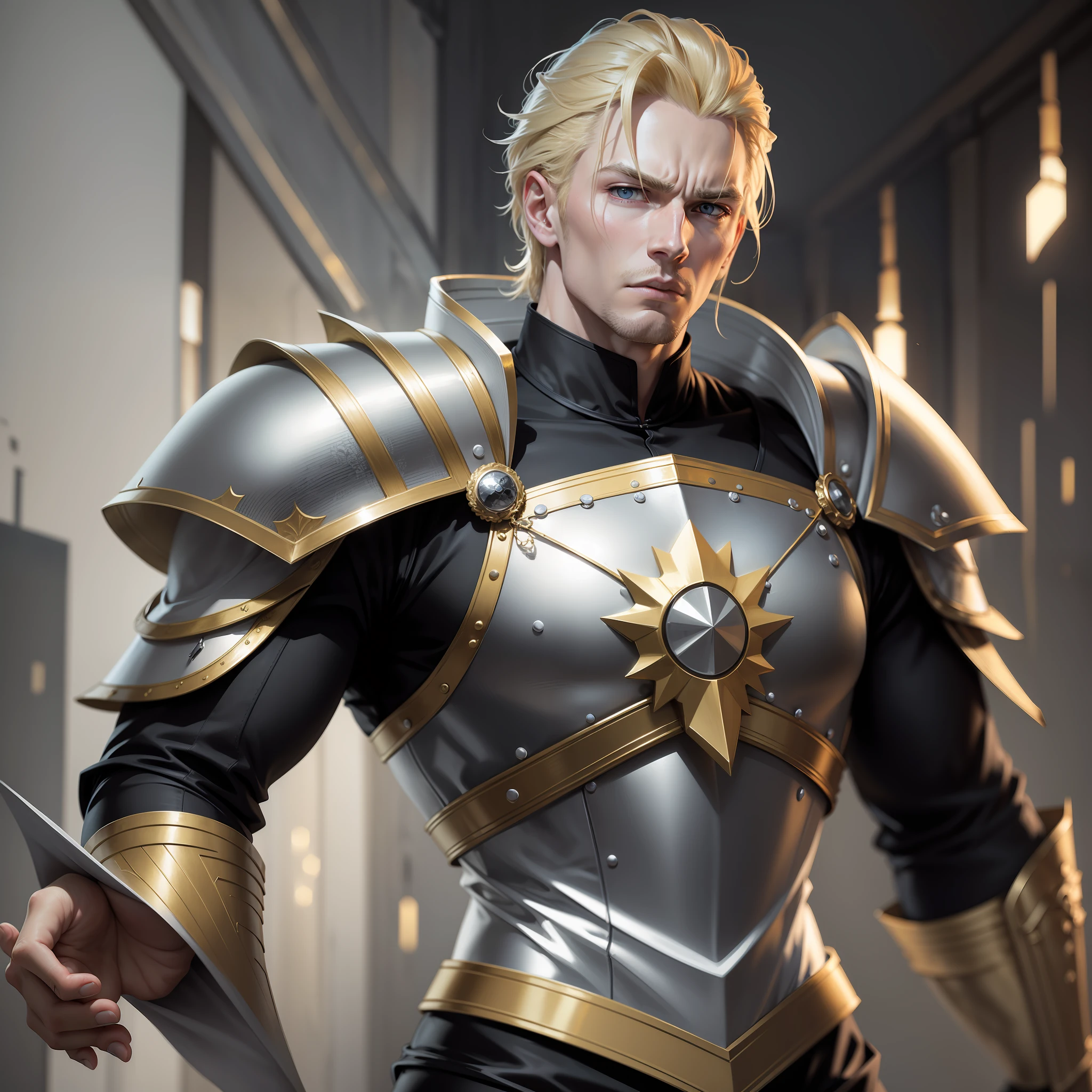 Realistic image of a blond man in his early 30s, tall strong, short blonde hair combed back and fixed with gel, light eyes, scar straight below the eye, dressed in black and white cleric's costumes and with golden shoulder pads, angry, anime character-style art, standing in a darkroom