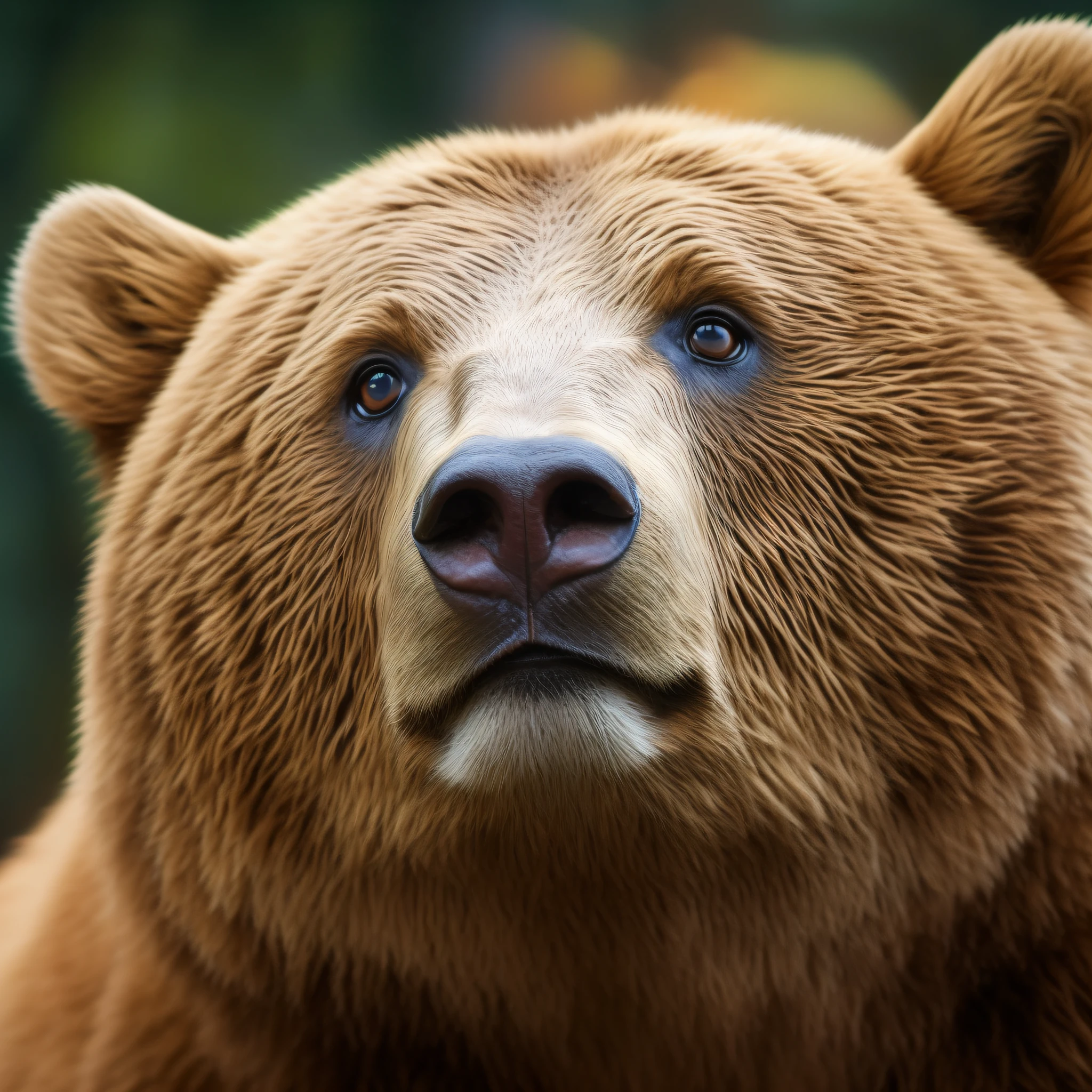 Award-winning extreme close-up photo of bear in forest, soft light, rim light, cinematic, masterpiece, animal skin detailed, extremely detailed, 8k, HDR, Geographical nature