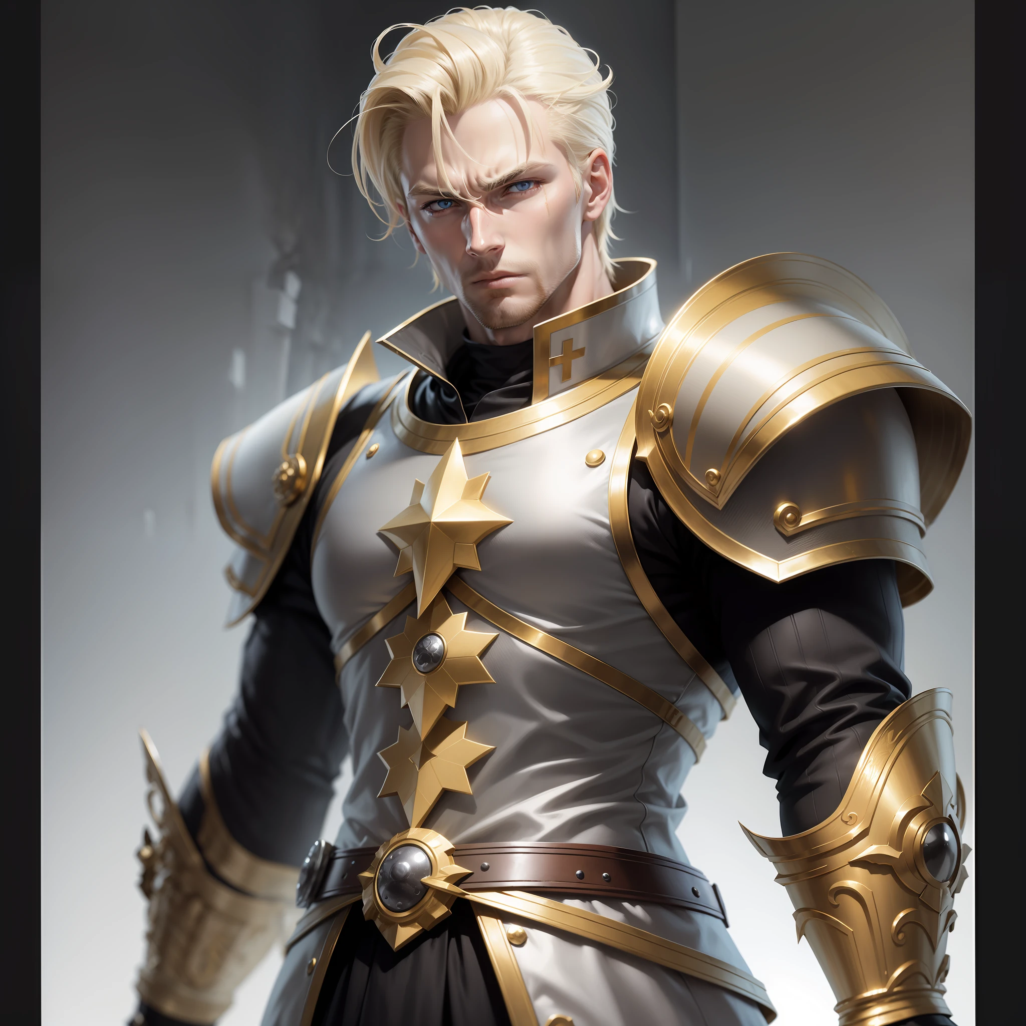 Realistic image of a blond man in his early 30s, tall strong, short blonde hair combed back and fixed with gel, light eyes, scar straight below the eye, dressed in black and white cleric's costumes and with golden shoulder pads, angry, anime character-style art, standing in a darkroom