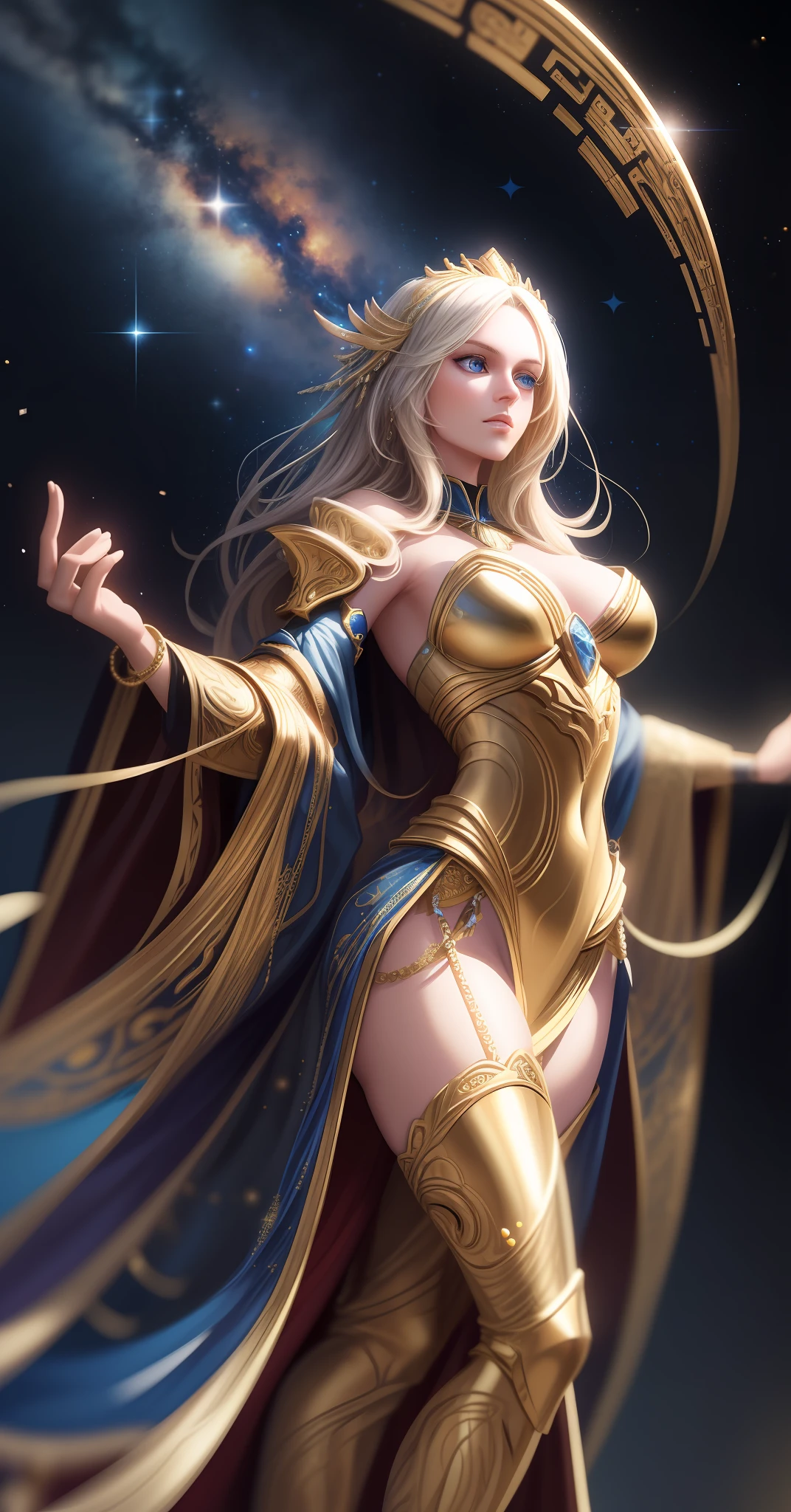 Woman 30 years sexy blond hair blue eyes, full body, changing musical instrument, highly detailed, ultra realistic, with golden robes, ultra realistic texture, full body, background, Milky Way.