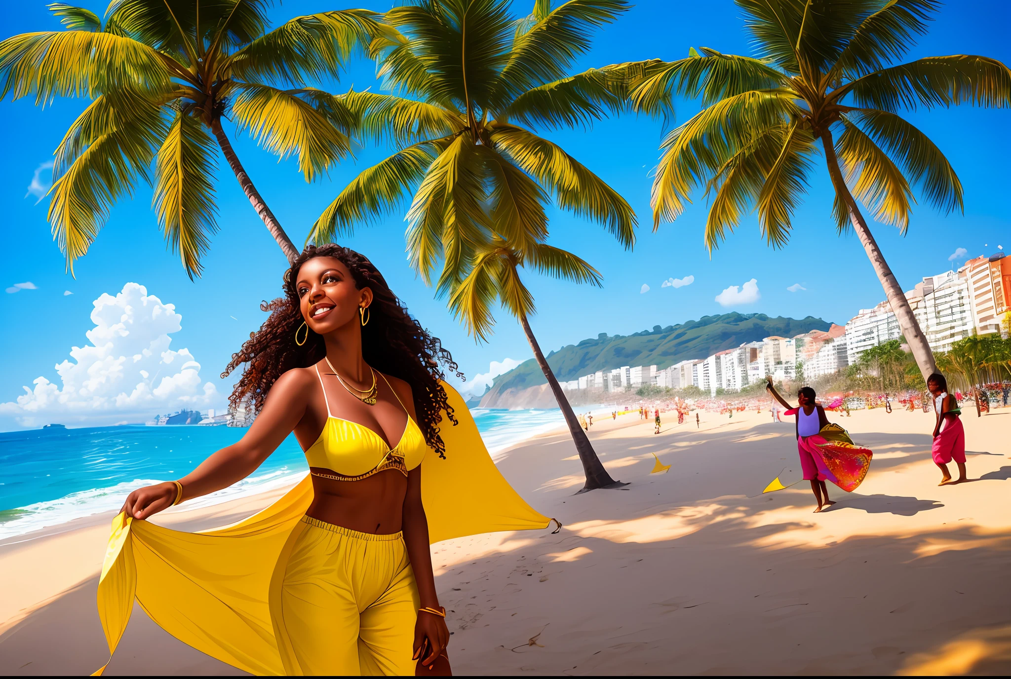 (brown+Brazilian hair: 1.2+dark: 0.9+straight: 1.1), (girl OR woman), big brown eyes, full lips, golden earrings, tropical background, palm trees, sun, beach, bright colors, summer vibes, wearing sexy bikini, full breasts.  Hang gliding passing in the sky, children flying kites wearing light summer clothes with Copacabana palace as a background.