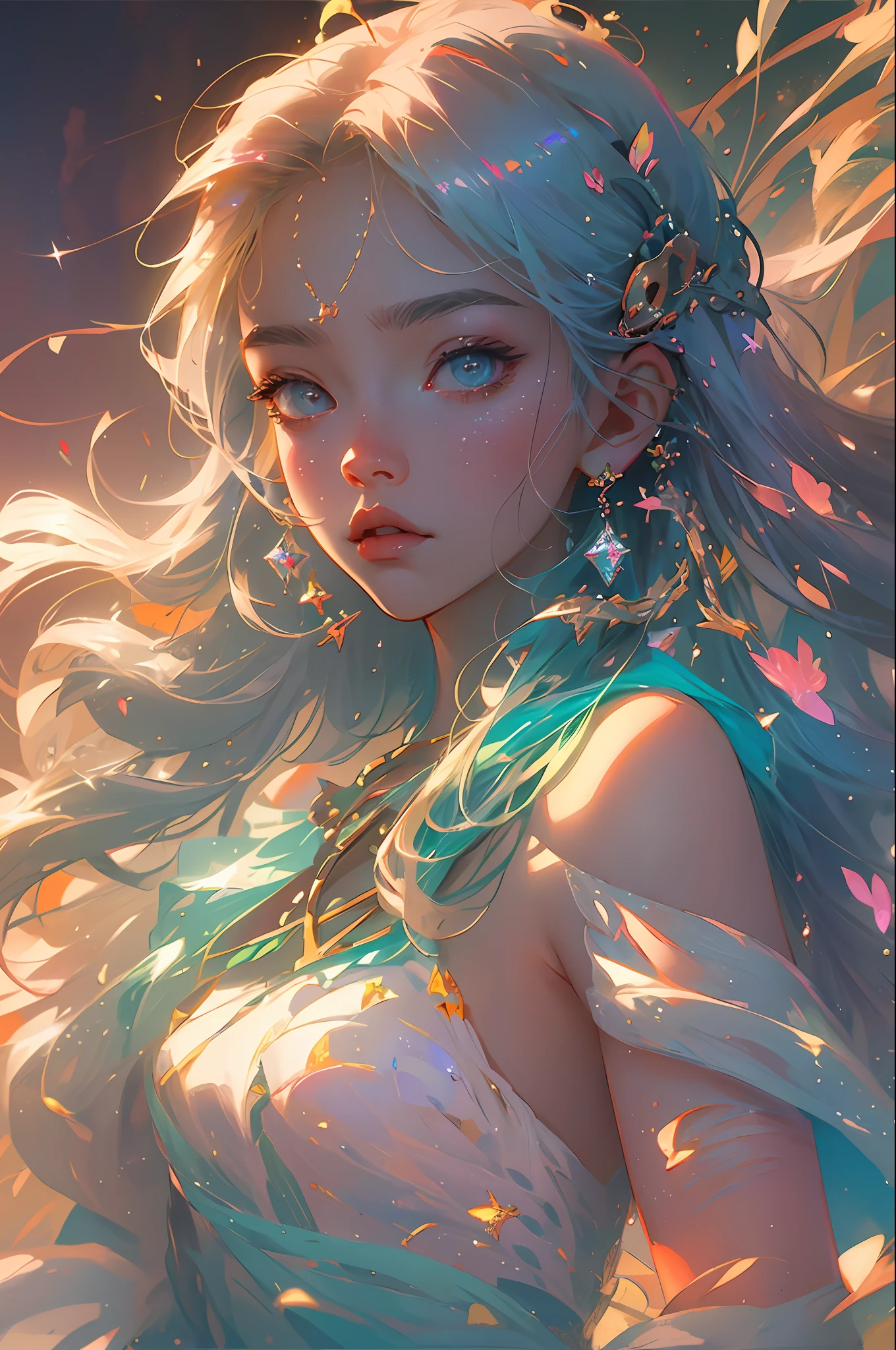 semi-realistic anime photo, high quality, A fairy falling from the sky, translucent with multicolored glitters, white dress, symmetrical face, golden hour, soft, focused, highly detailed, hyperrealistic, dramatic lighting, elegant, intricate, concept art, art by wlop, mars ravelo, greg rutowski, artstation --auto --s2