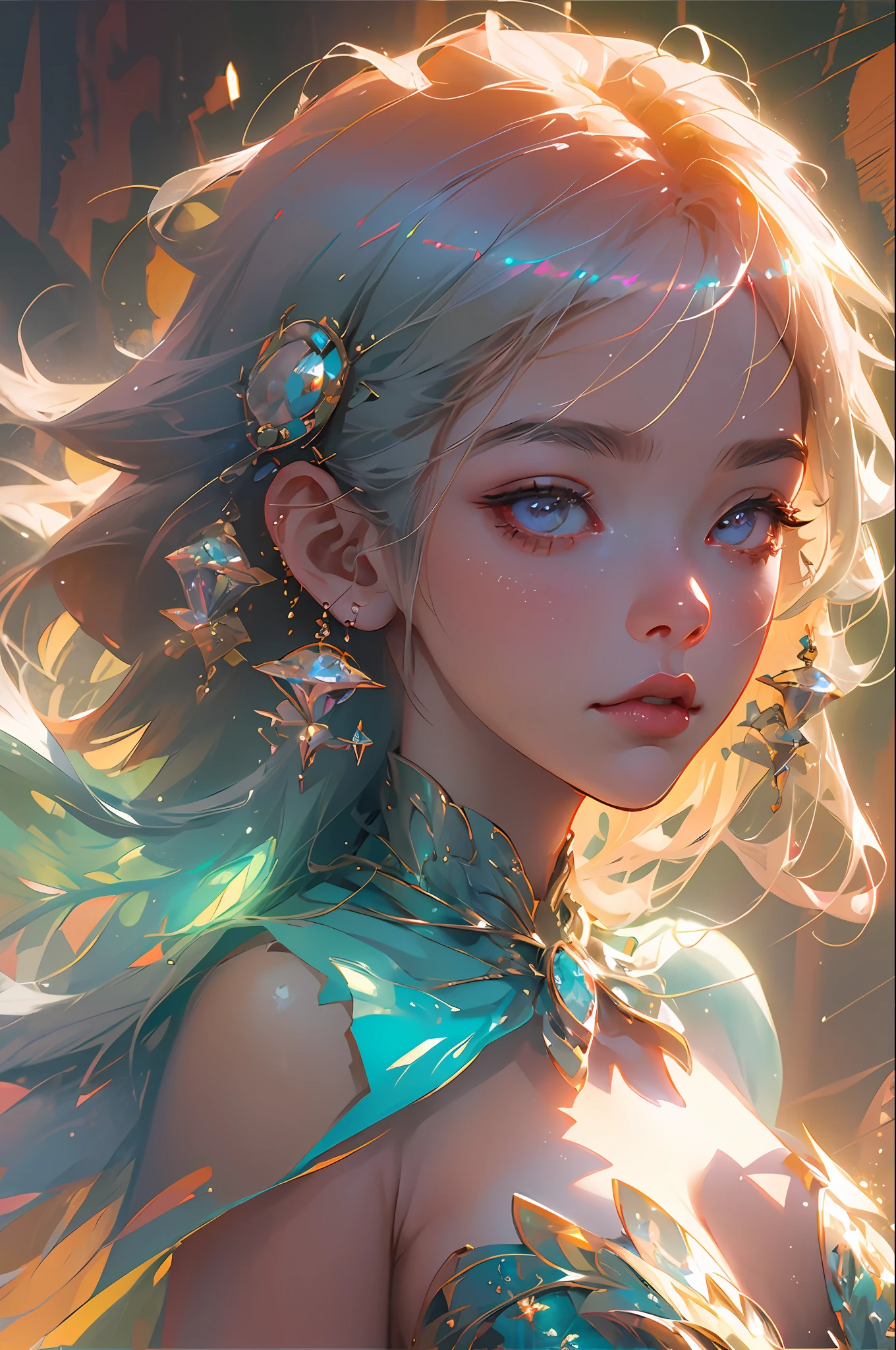 semi-realistic anime photo, high quality, A fairy falling from the sky, translucent with multicolored glitters, white dress, symmetrical face, golden hour, soft, focused, highly detailed, hyperrealistic, dramatic lighting, elegant, intricate, concept art, art by wlop, mars ravelo, greg rutowski, artstation --auto --s2