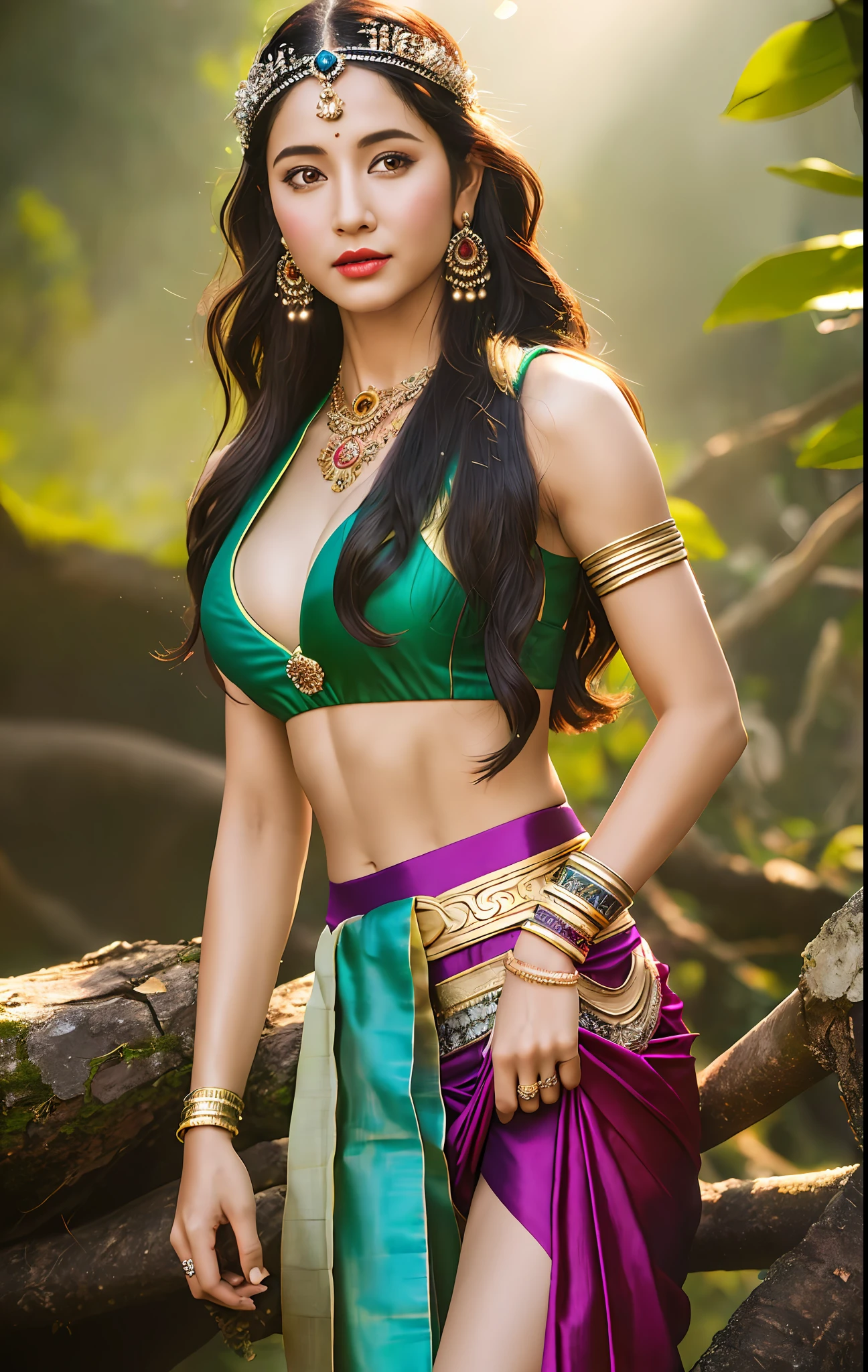 ((realistic:1.5)),((best quality)), ((masterpiece)),((detailed)), (1girl), {a beautiful female wearing a Sari}, (upper body:1.3),super-wide-angle lens,face focus, mature,sexy,toned muscles,long legs,curvy, barefoot, medium breasts, open cleavage, drooping breasts, thick thighs,wide hips, thin legs, green eyes,long black hair,floting hair,long eyelashes, (detailed face,beautiful eye, detailed pupilss,detailed clothes features, clear background:1.3), (Bindi,Jhumkas:1.3), (Armlet, Haar, Payal,Maang Tikka,Jhumkas,Kamarband,Bangles:1.3), mysterious ancient ruin, lush forests, deep canyons,bridge,river,cliff,cloud, lakes,rock,waterfalls, flowers, grass, fog,vine,tree, smoke, best shadow,bright details,sharp,perfect composistion, Intricate, Sharp focus, dramatic, by Frank Frazetta,by Julie Bell,by Olivia De Berardinis,by Luis Royo,by boris vallejo, (specular lighting:1.3),rim light, princesses, royal skimpy underwear, hugging and touching each other, teasing her friend's waist, gasping friend, biting her friend's ear lobe, squatting