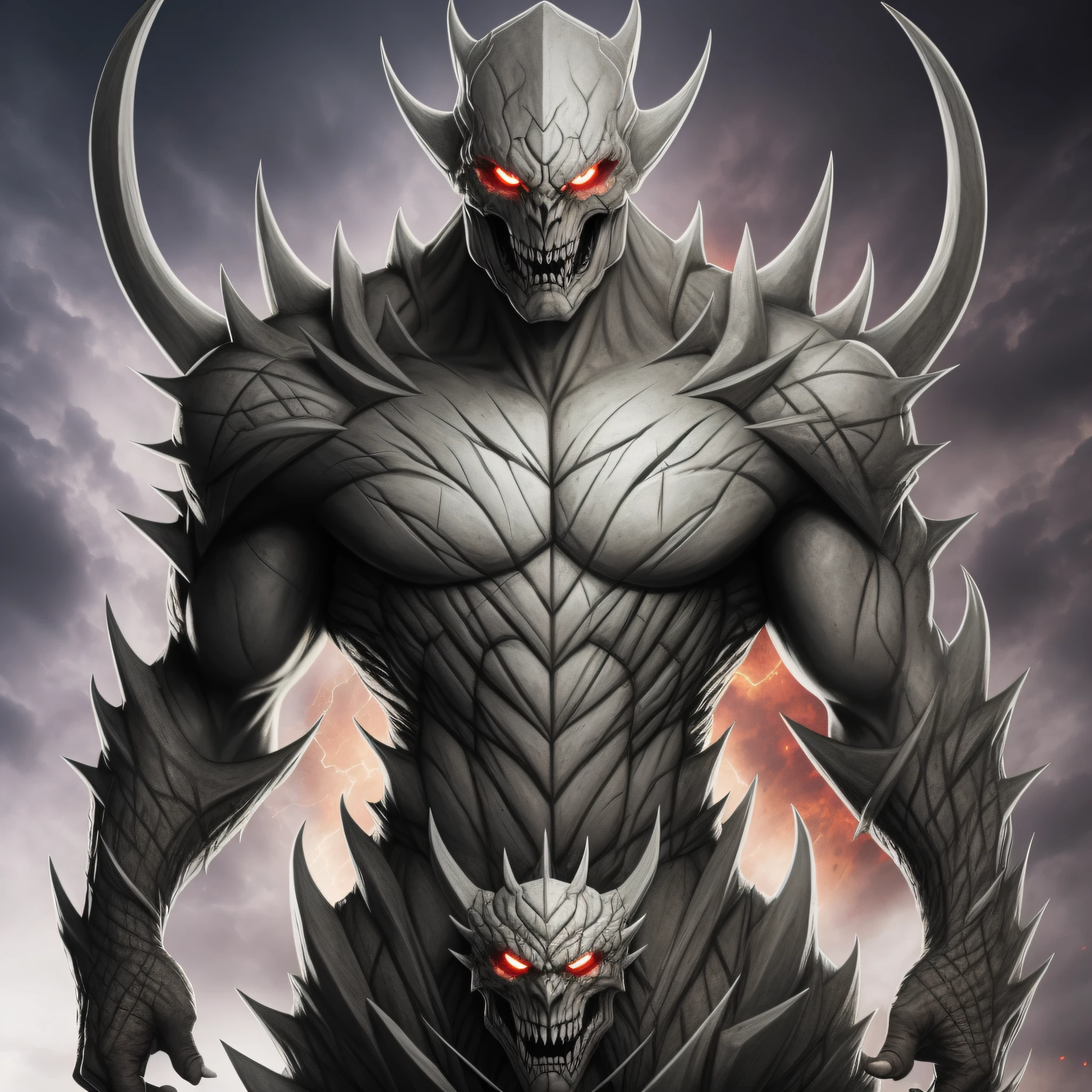 Doomsday is a gray-skinned hybrid humanoid with a body covered in bony, hard spines. It has fangs and red eyes, as well as a white coat simulating head.