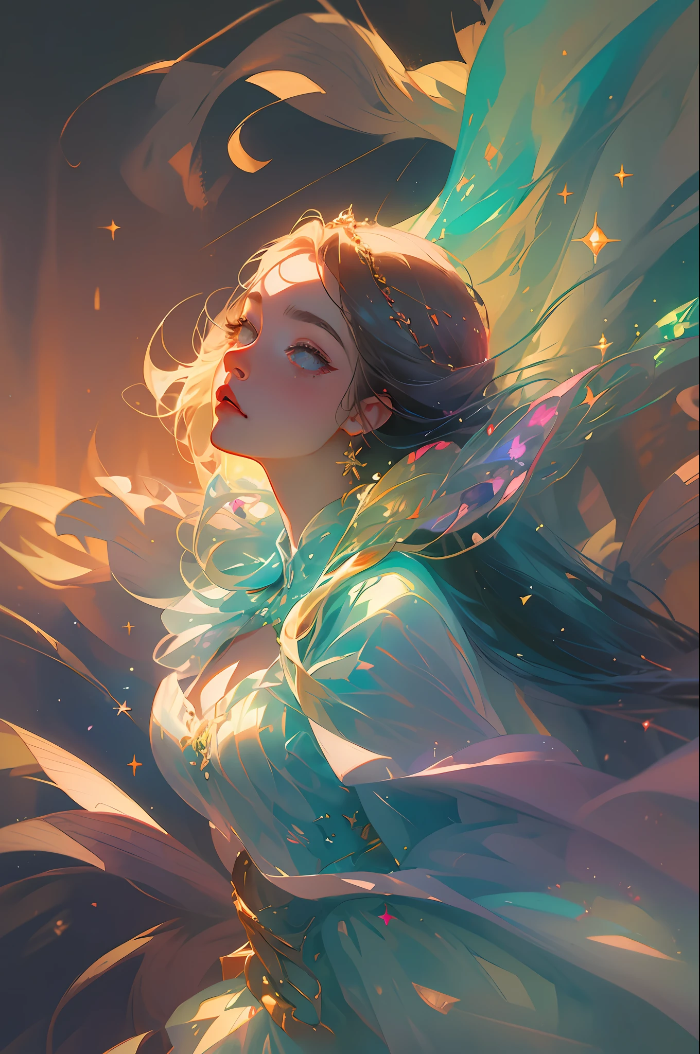 semi-realistic anime photo, high quality, A fairy falling from the sky, translucent with multicolored glitters, white dress, symmetrical face, golden hour, soft, focused, highly detailed, hyperrealistic, dramatic lighting, elegant, intricate, concept art, art by wlop, mars ravelo, greg rutowski, artstation --auto --s2