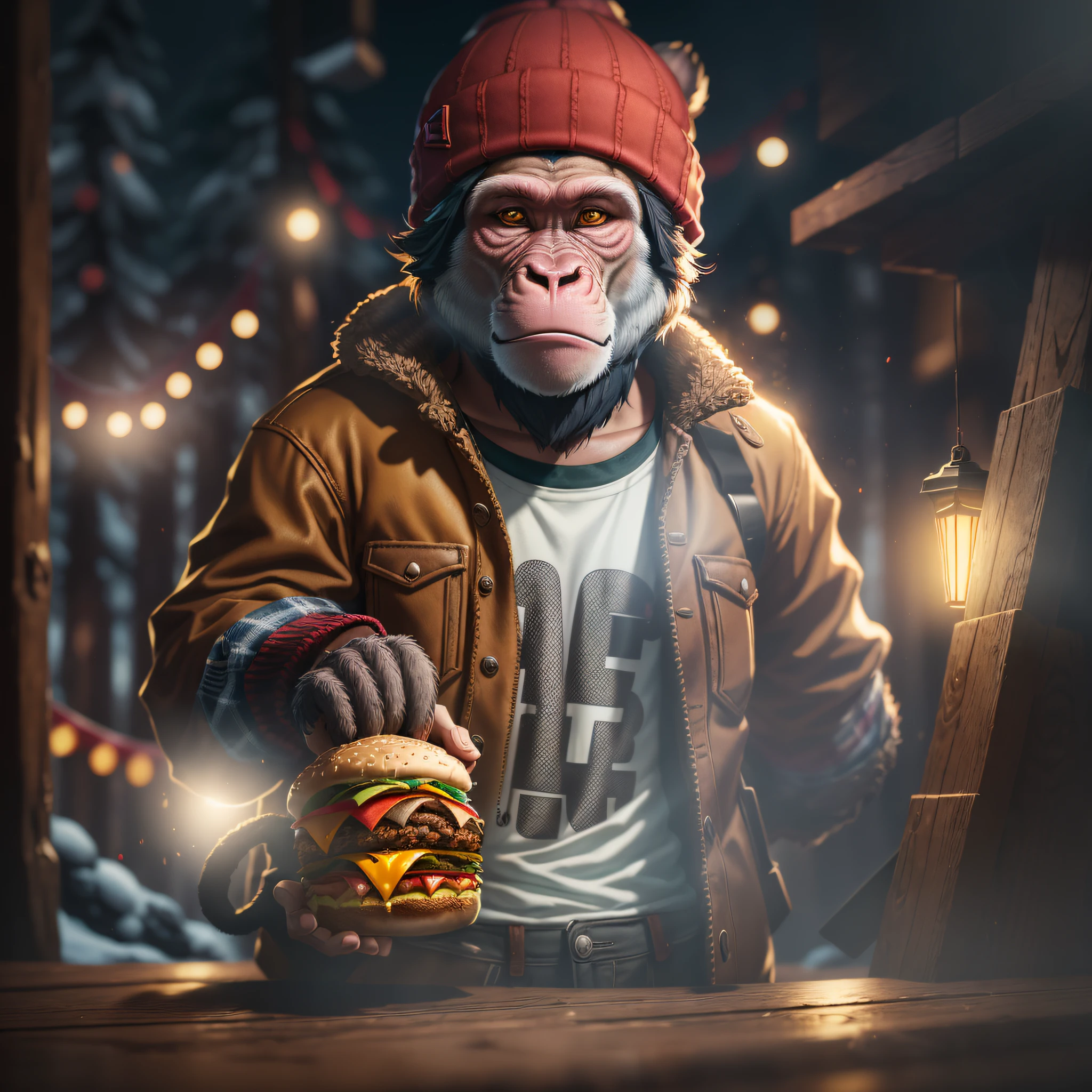 Original Character, Volumetric Lighting, Best Shadows, Shallow Depth of Field, Monkey with Lumberjack Beanie and Jacket, Canines Out, Holding a Burger, Standing, (High Quality, Amazing Details: 1.25), (Ultra Realism) (Solo: 1.3), Bright Color Paintings --auto --s2